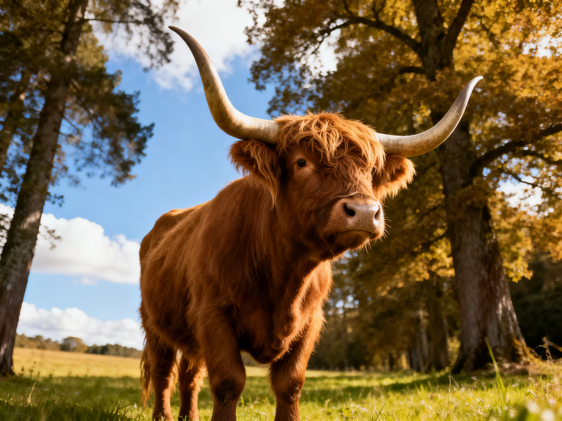 A shaggy brown Highland cow stands among golden autumn trees