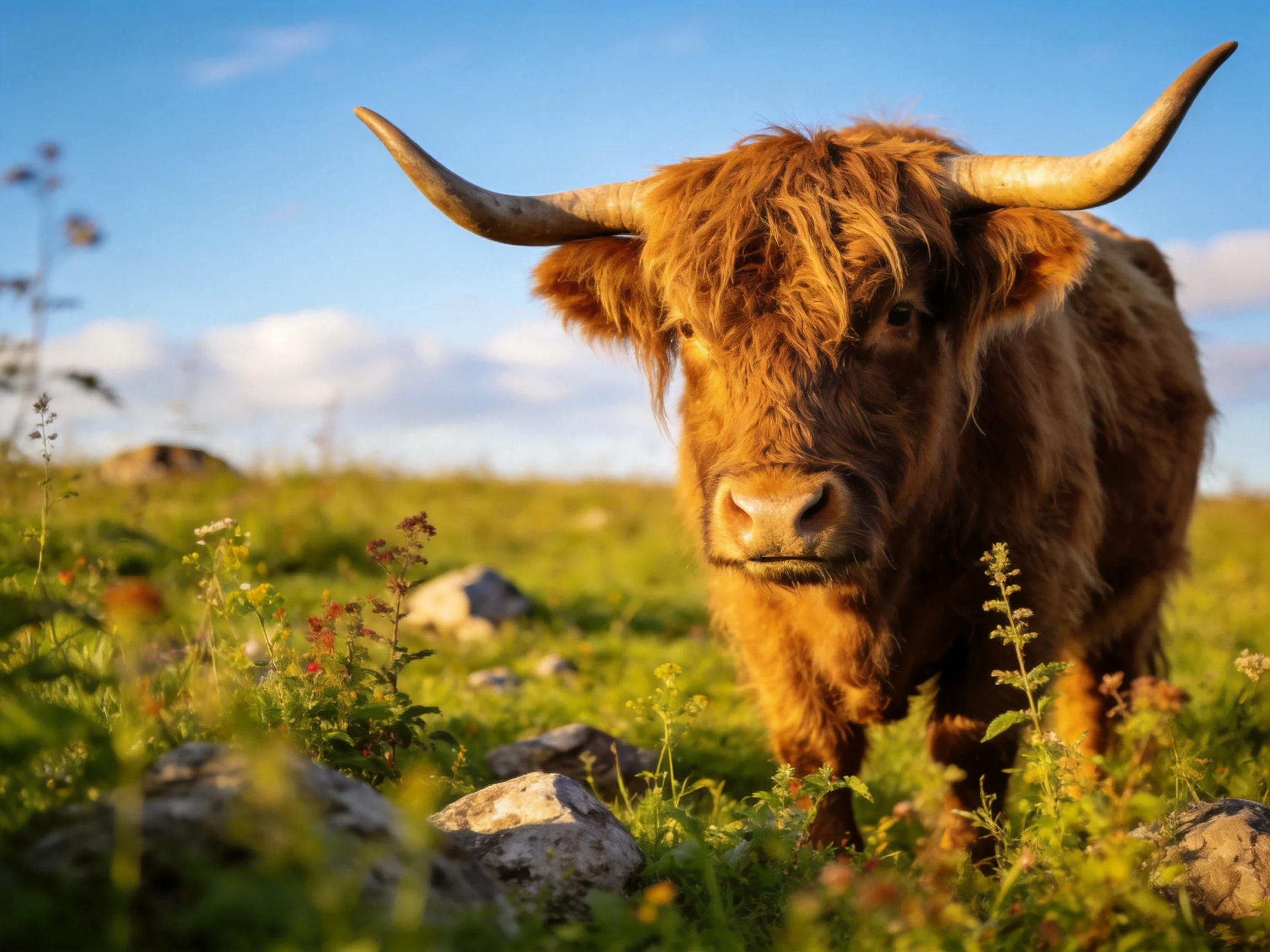 A shaggy brown Highland cow stands among rocks and wildflowers