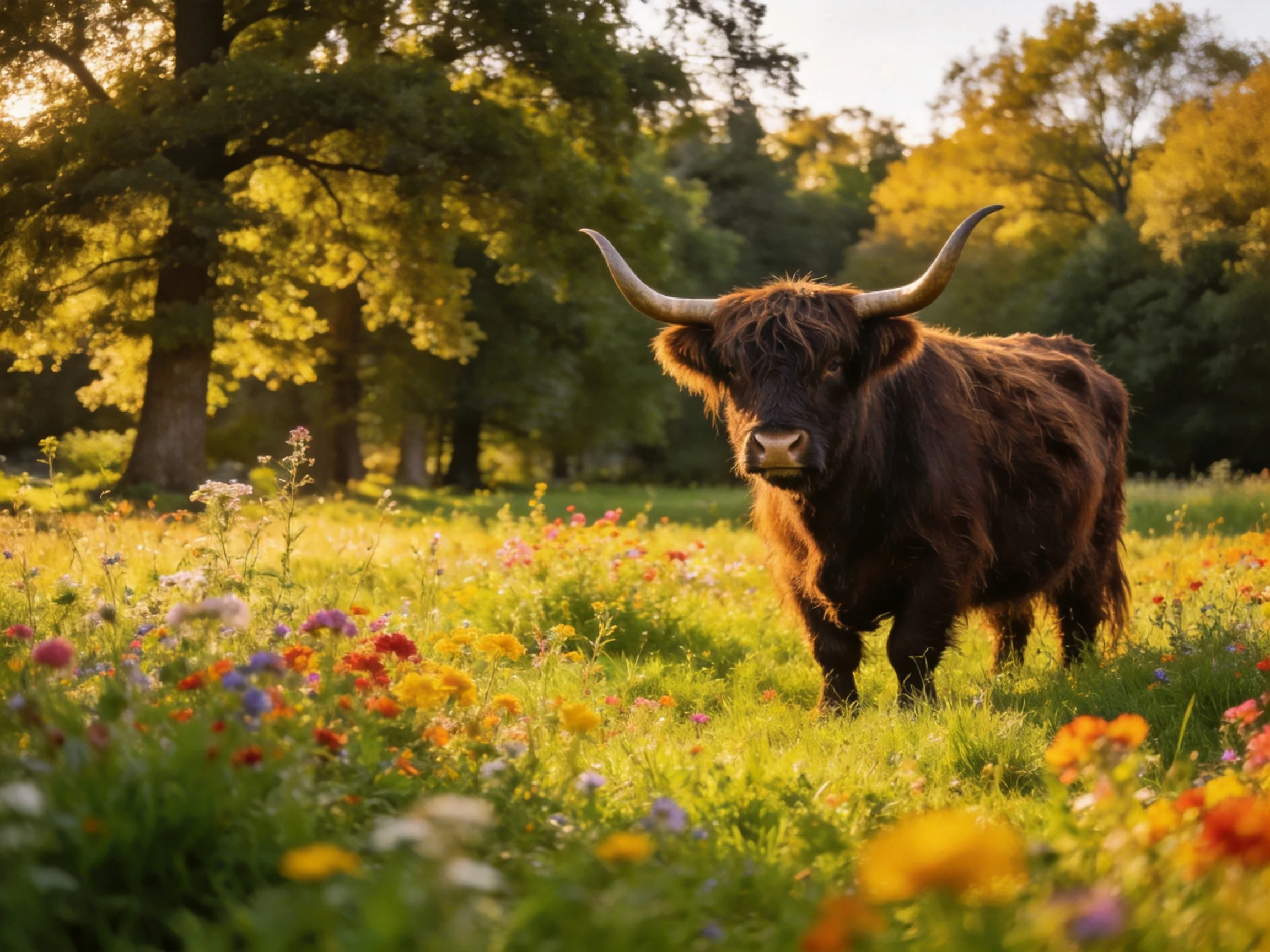 A shaggy brown Highland cow stands among vibrant wildflowers and tall trees