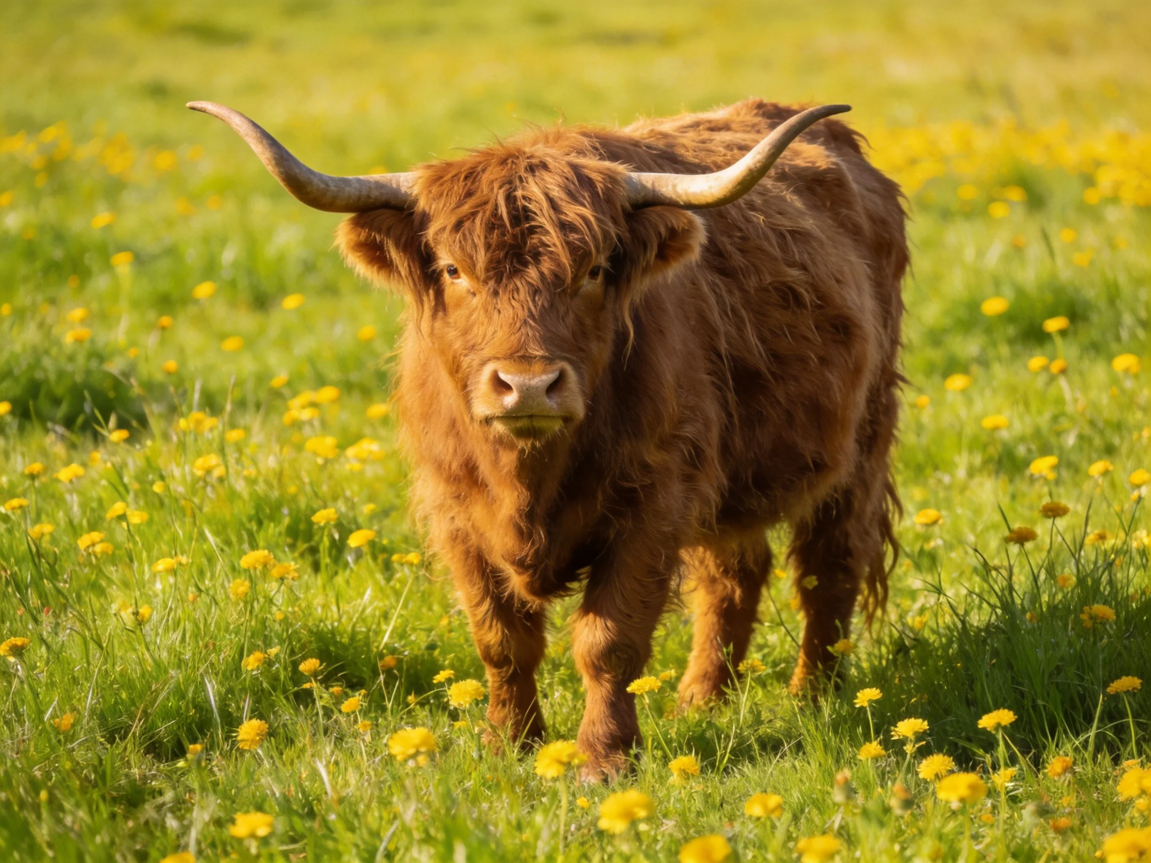 A shaggy brown Highland cow stands among vibrant yellow wildflowers