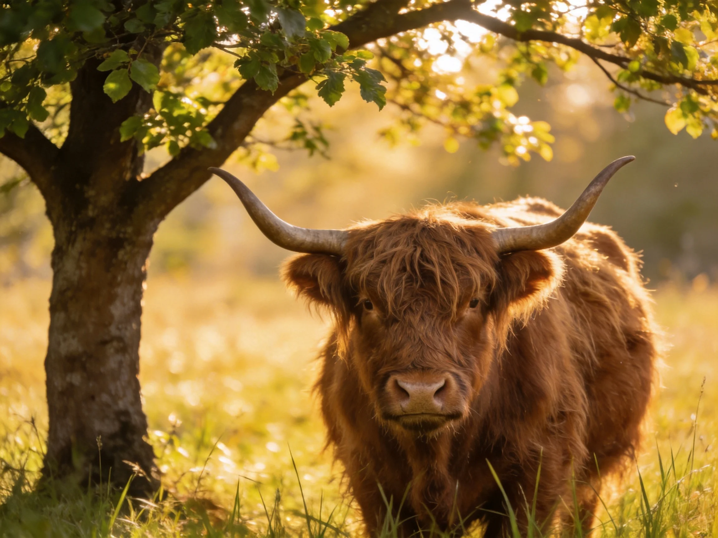 A shaggy brown Highland cow stands beneath a leafy tree in golden light