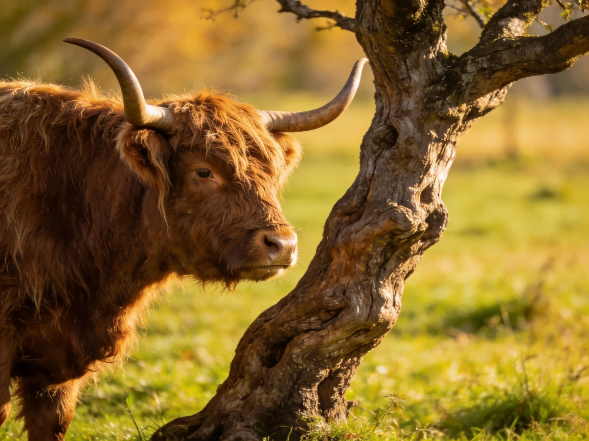 A shaggy brown Highland cow stands beside a gnarled tree in a sunlit meadow