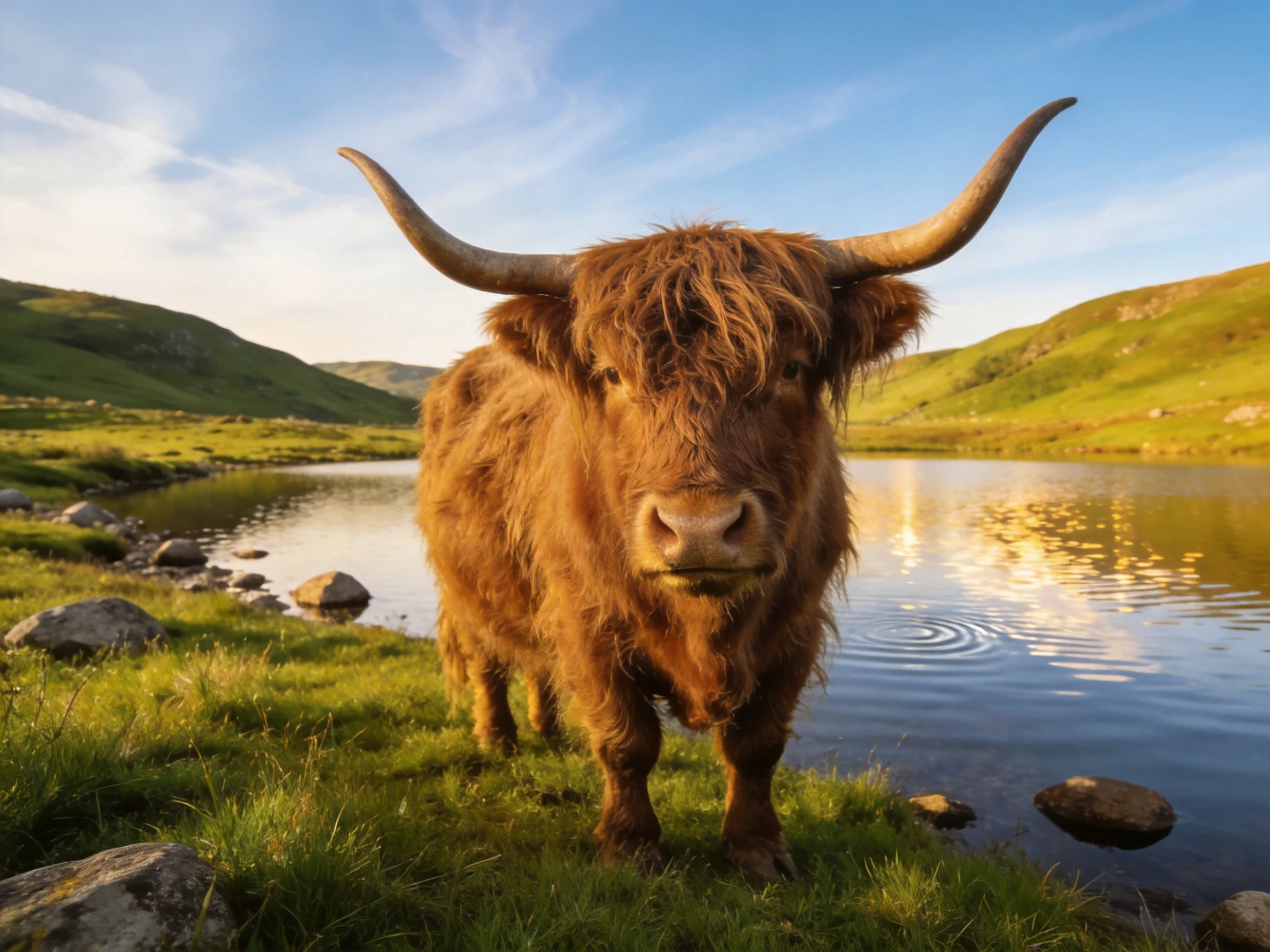 A shaggy brown Highland cow stands by a calm lake with rolling green hills