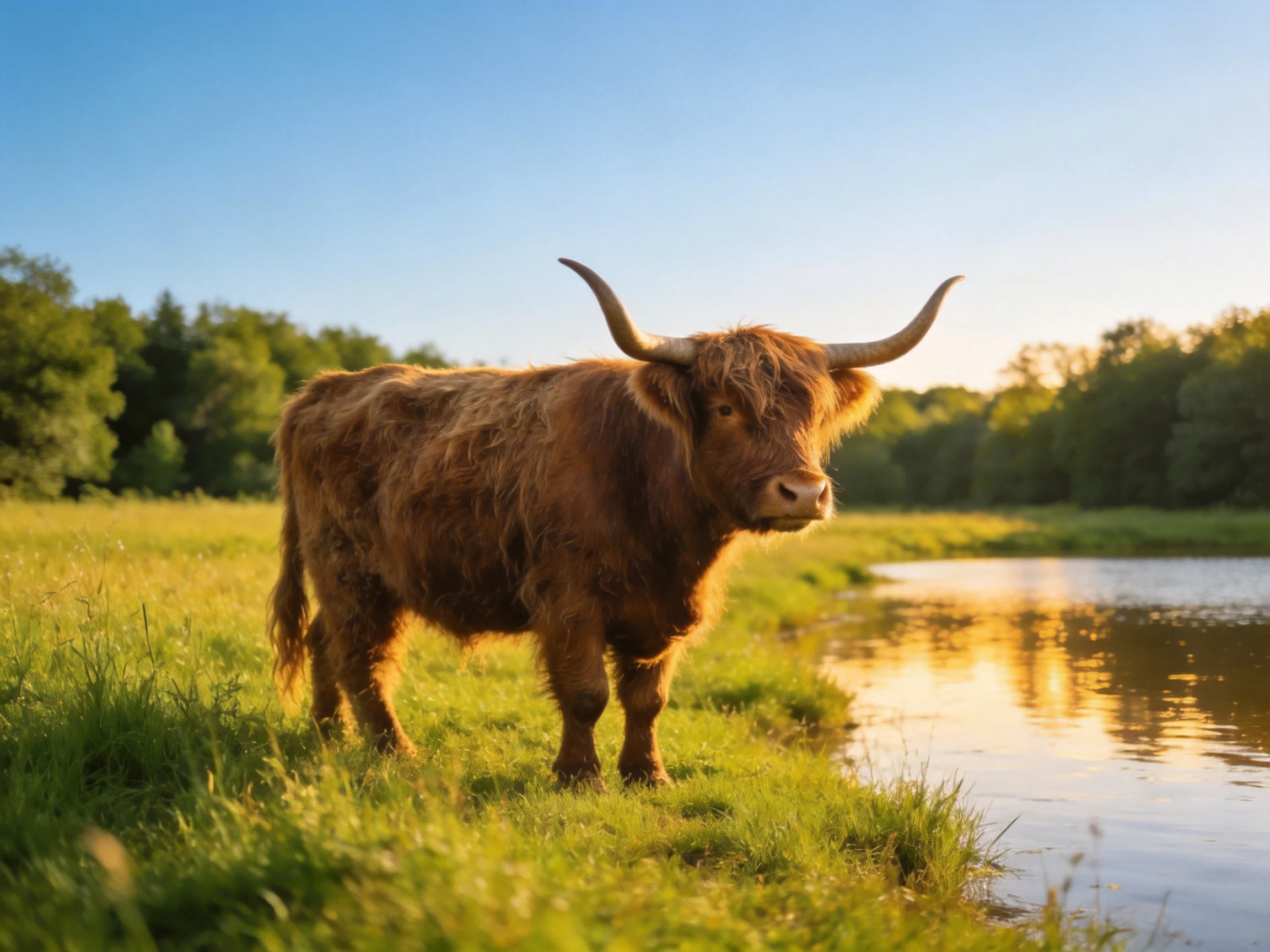 A shaggy brown Highland cow stands by a calm riverbank