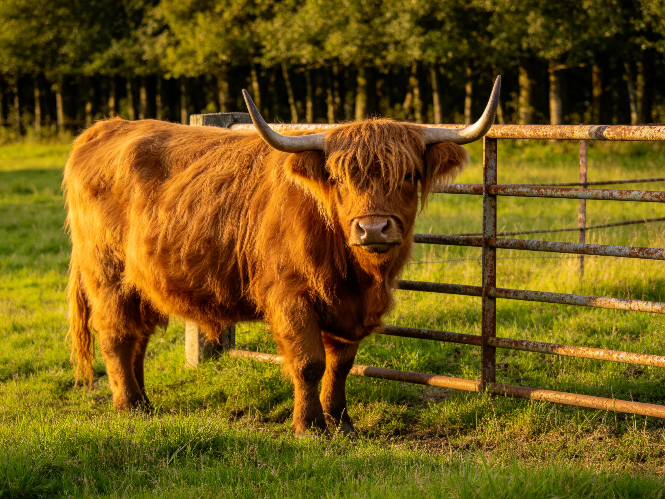 A shaggy brown Highland cow stands by a rusty metal fence