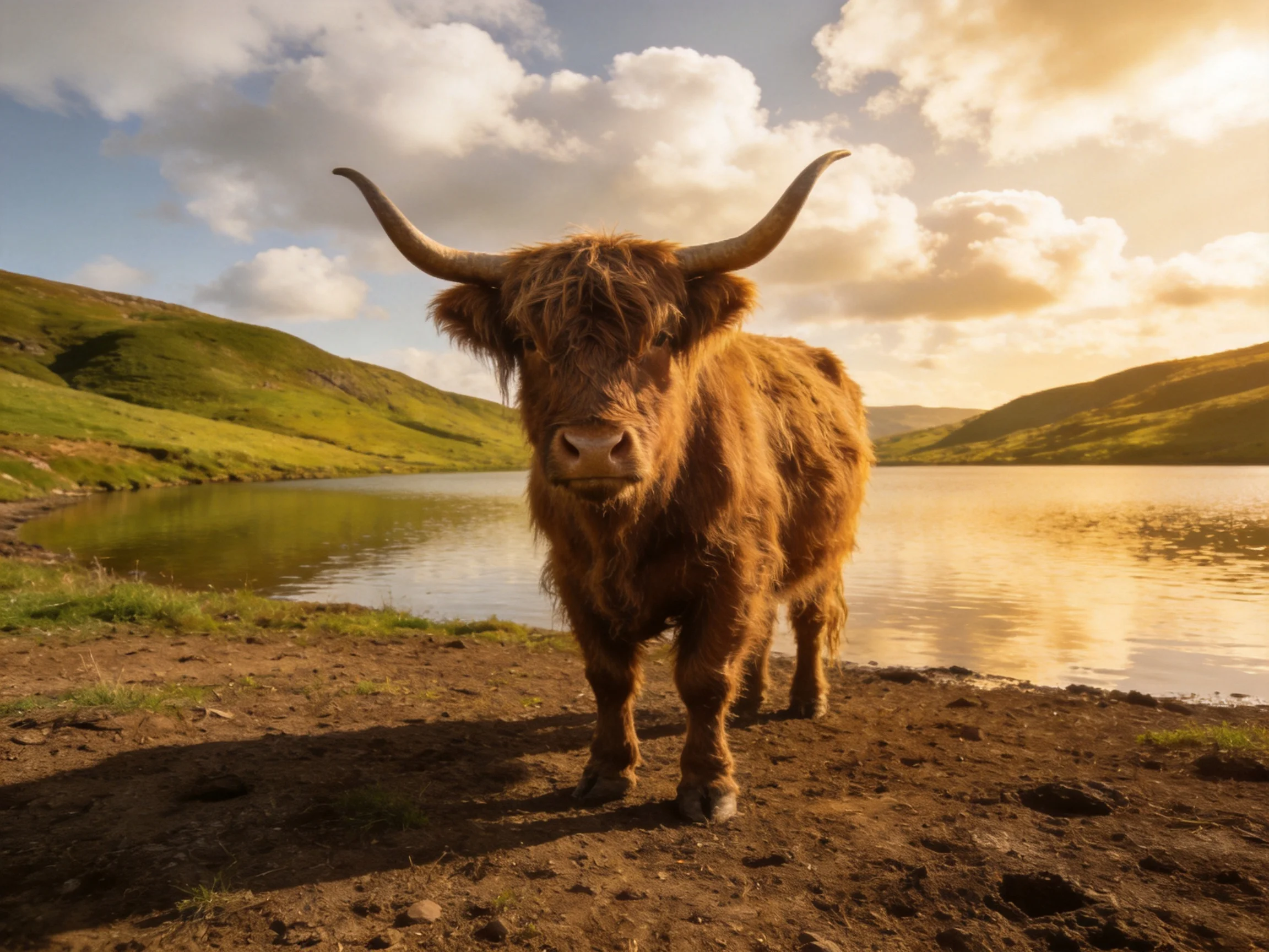 A shaggy brown Highland cow stands by a serene lake with rolling green hills