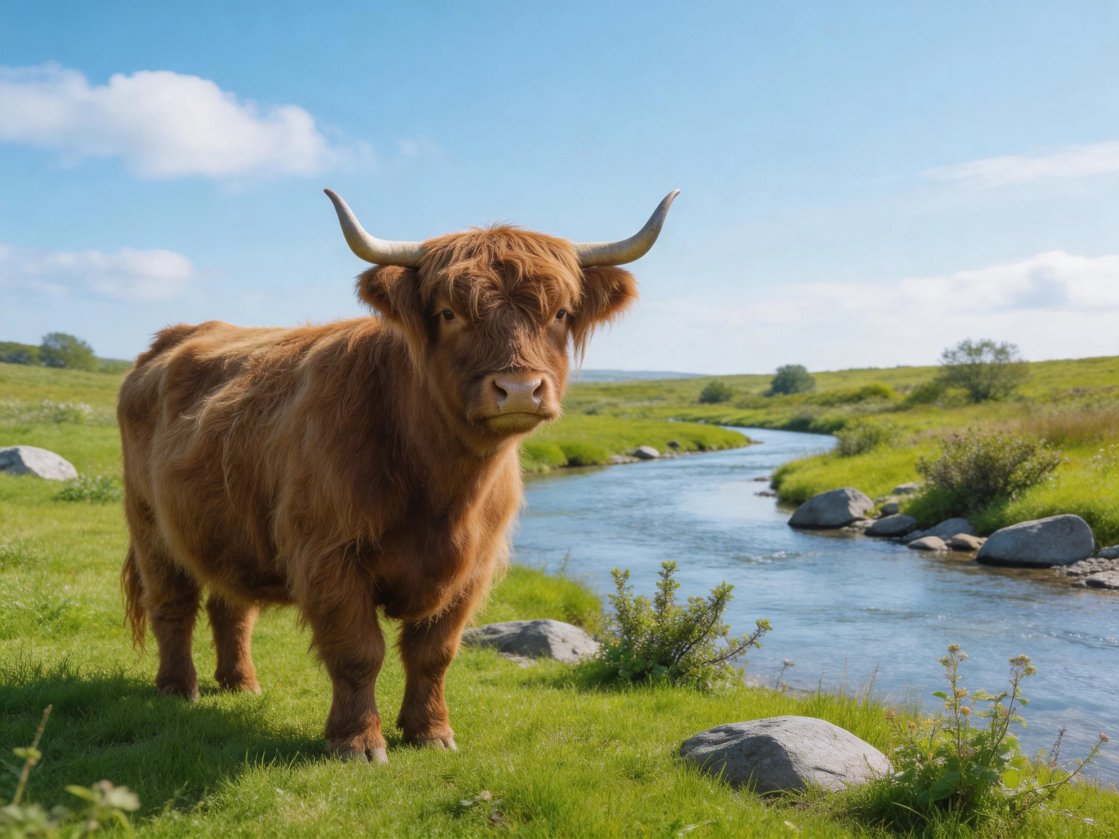 A shaggy brown Highland cow stands by a winding stream