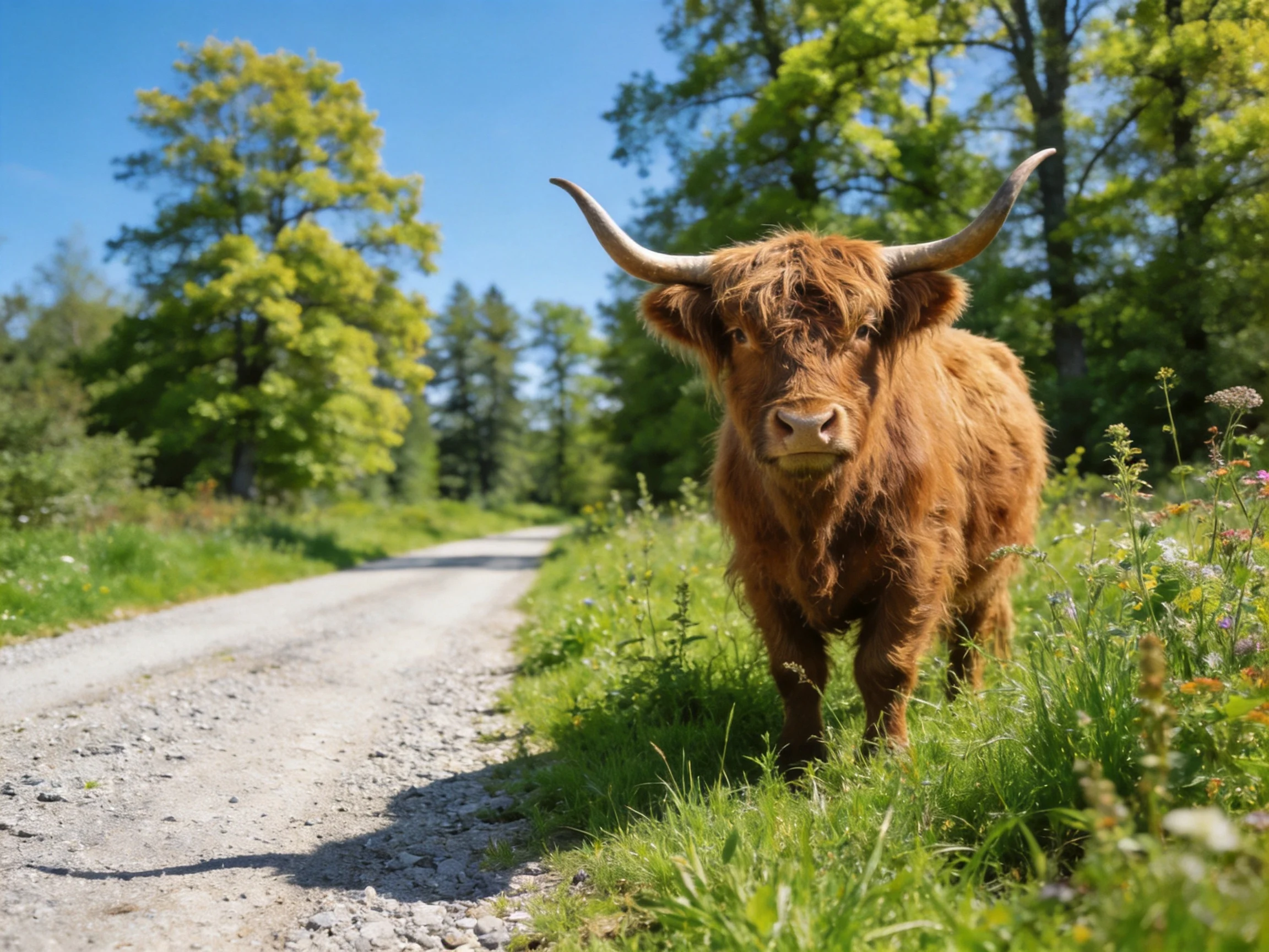 A shaggy brown Highland cow stands by agravel path amid lush green trees