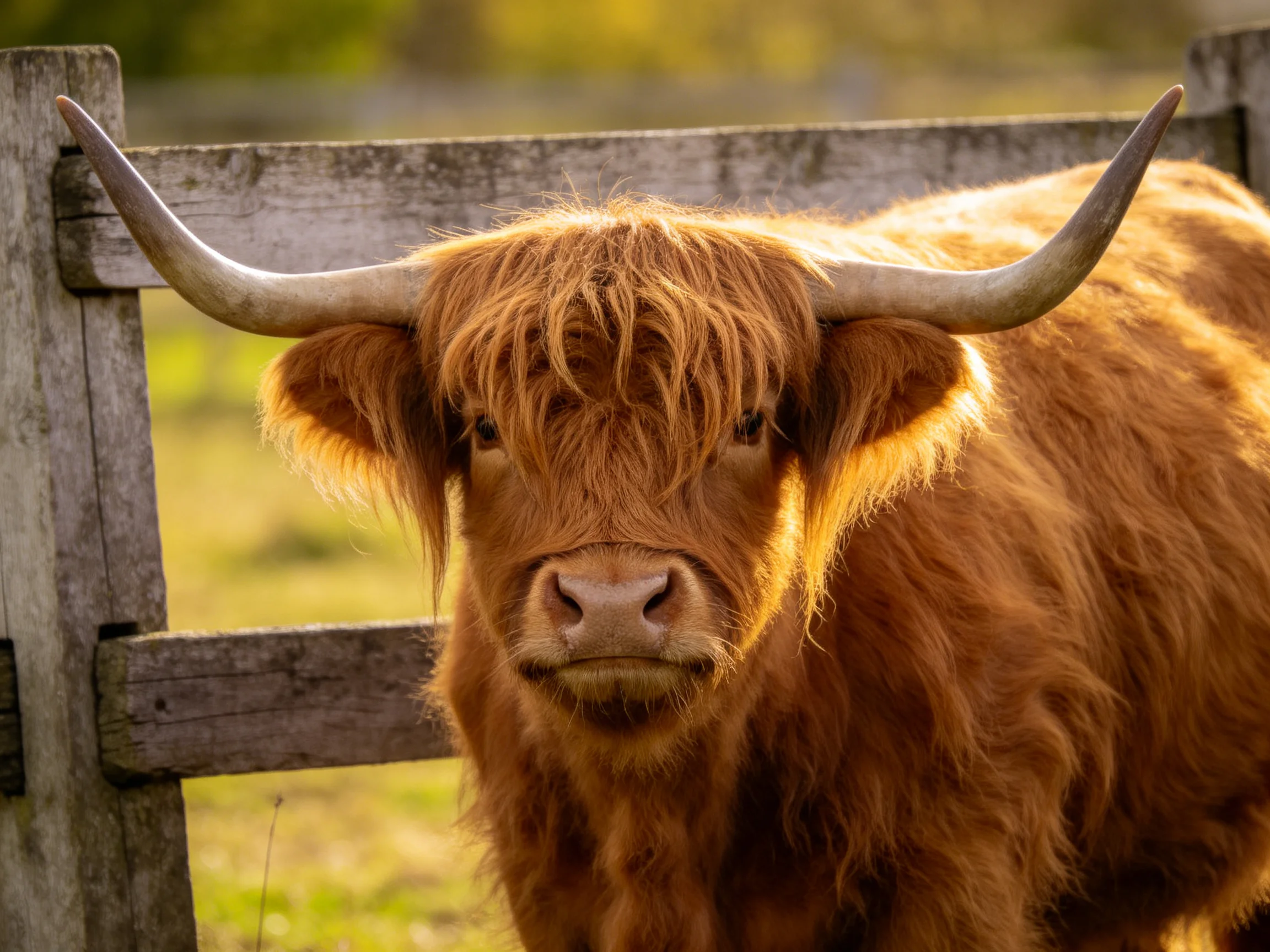 A shaggy brown Highland cow stands by an aged wooden fence