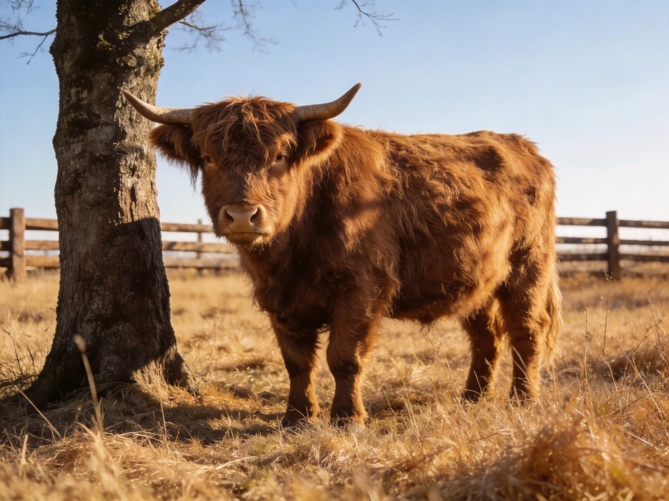A shaggy brown Highland cow stands by an old tree in a golden field