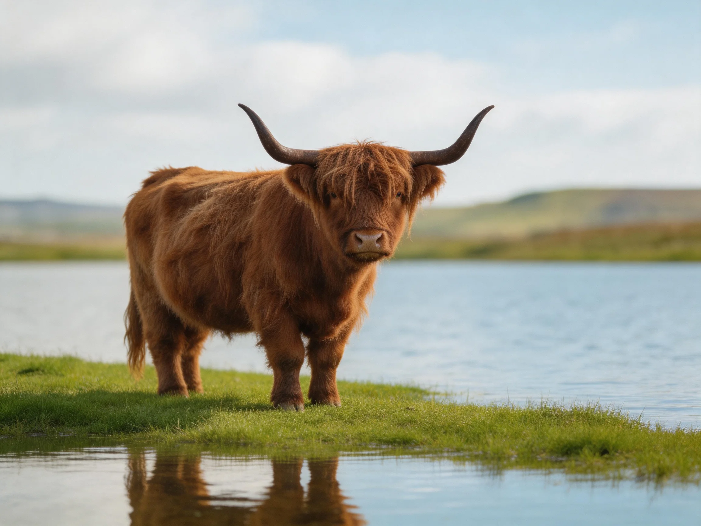 A shaggy brown Highland cow stands by calm waters