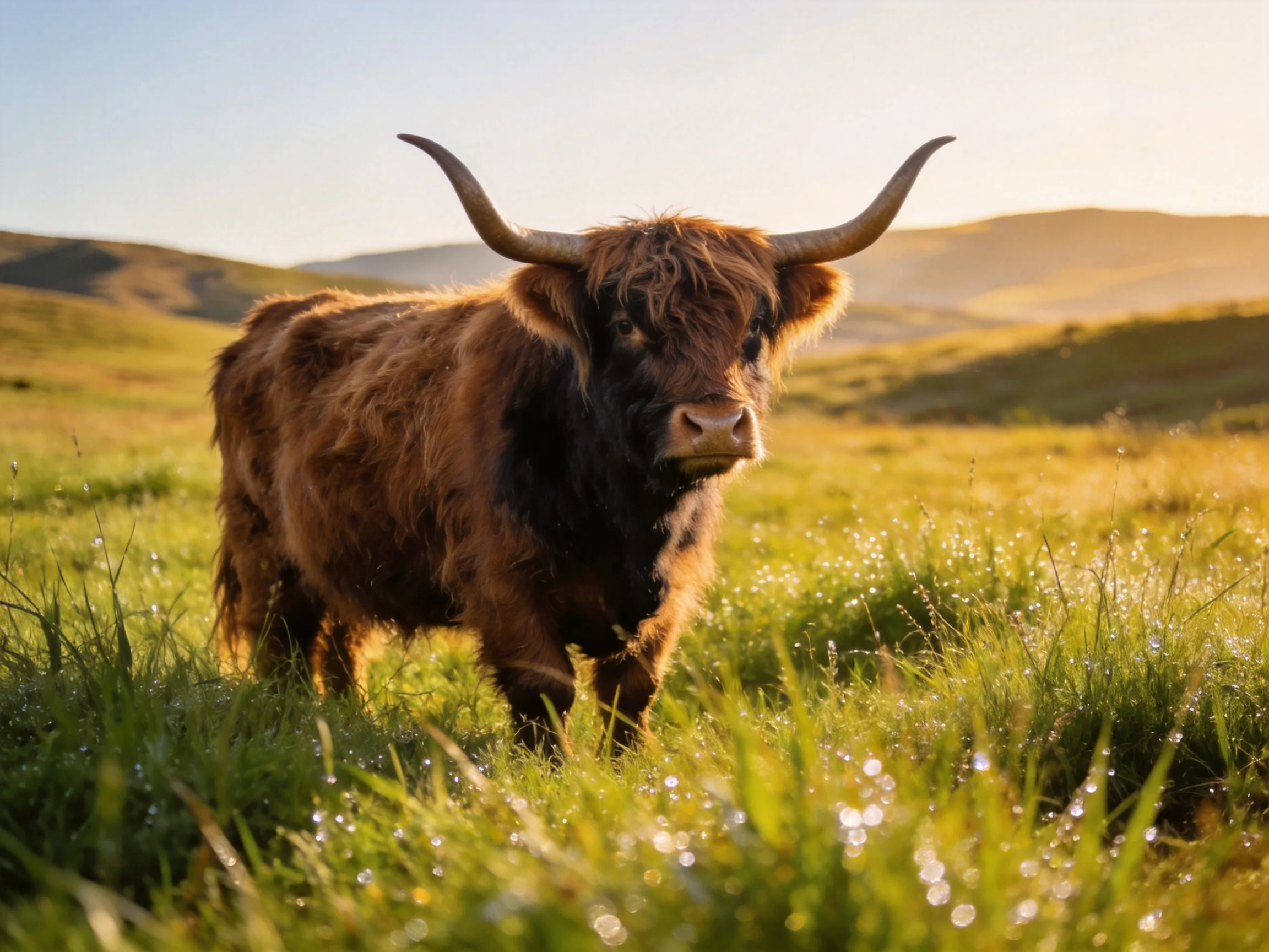 A shaggy brown Highland cow stands in a dewy green meadow with rolling hills