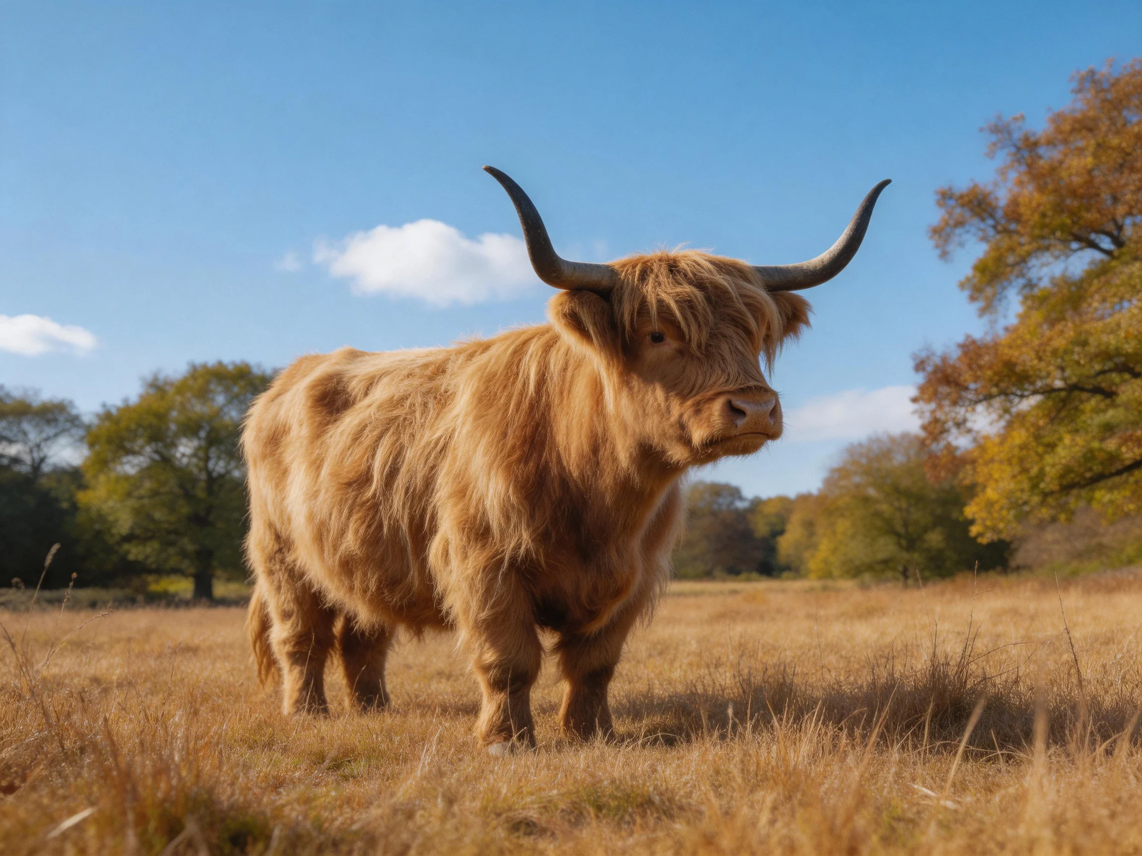 A shaggy brown Highland cow stands in a golden field with autumn trees