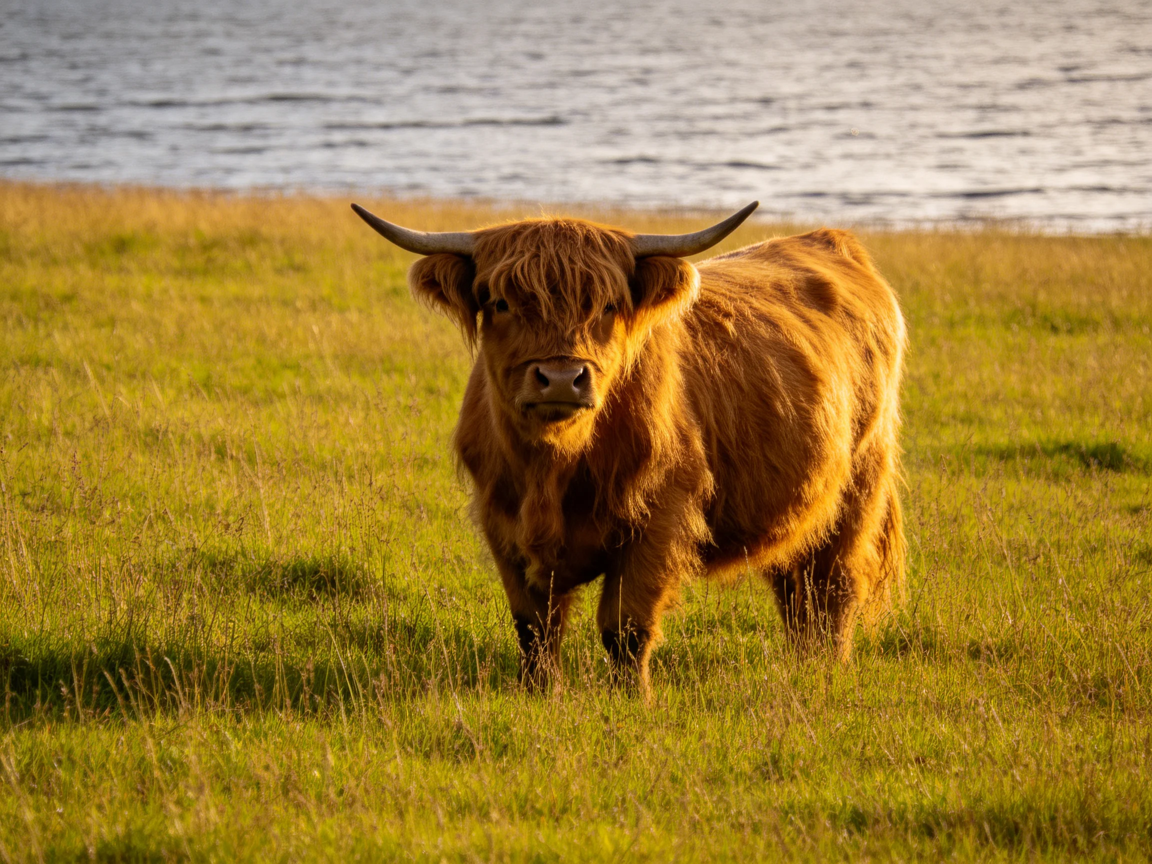 A shaggy brown Highland cow stands in a golden grassy field by calm water