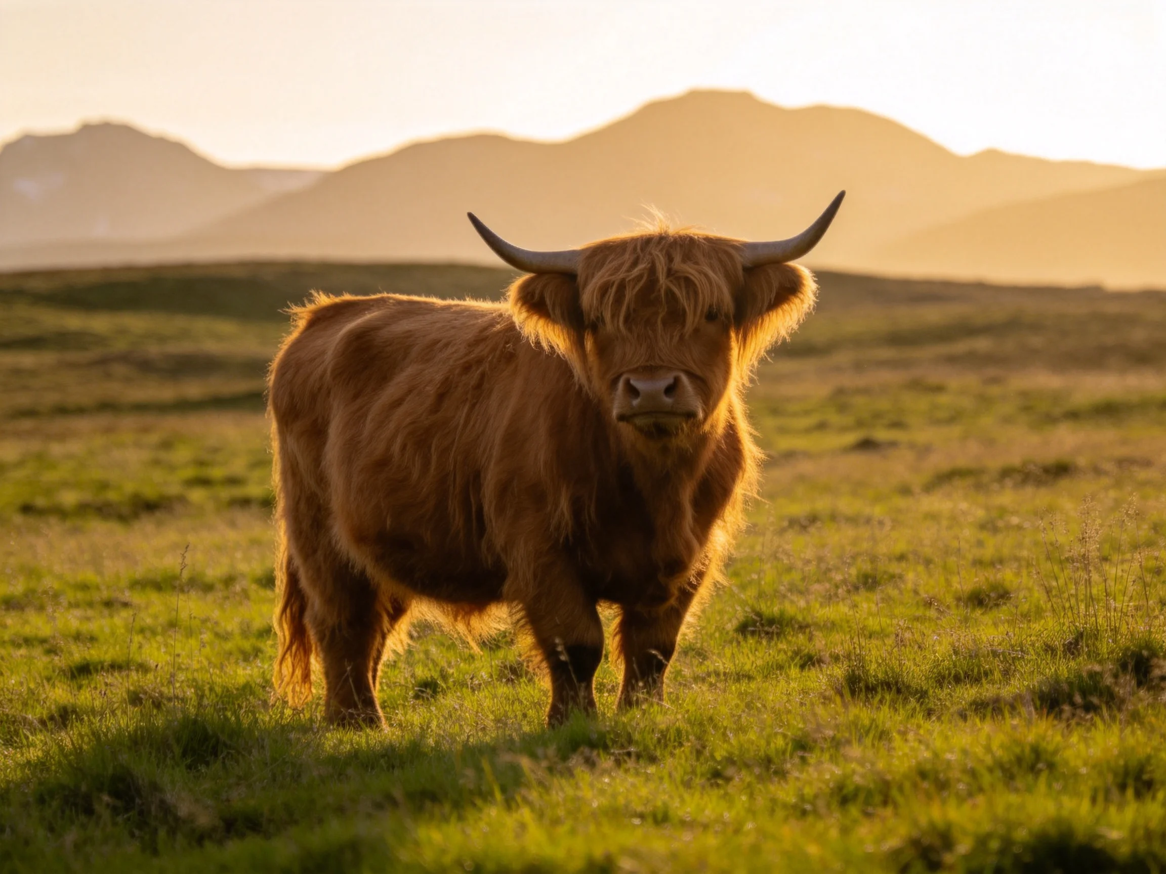 A shaggy brown Highland cow stands in a golden meadow with distant mountains