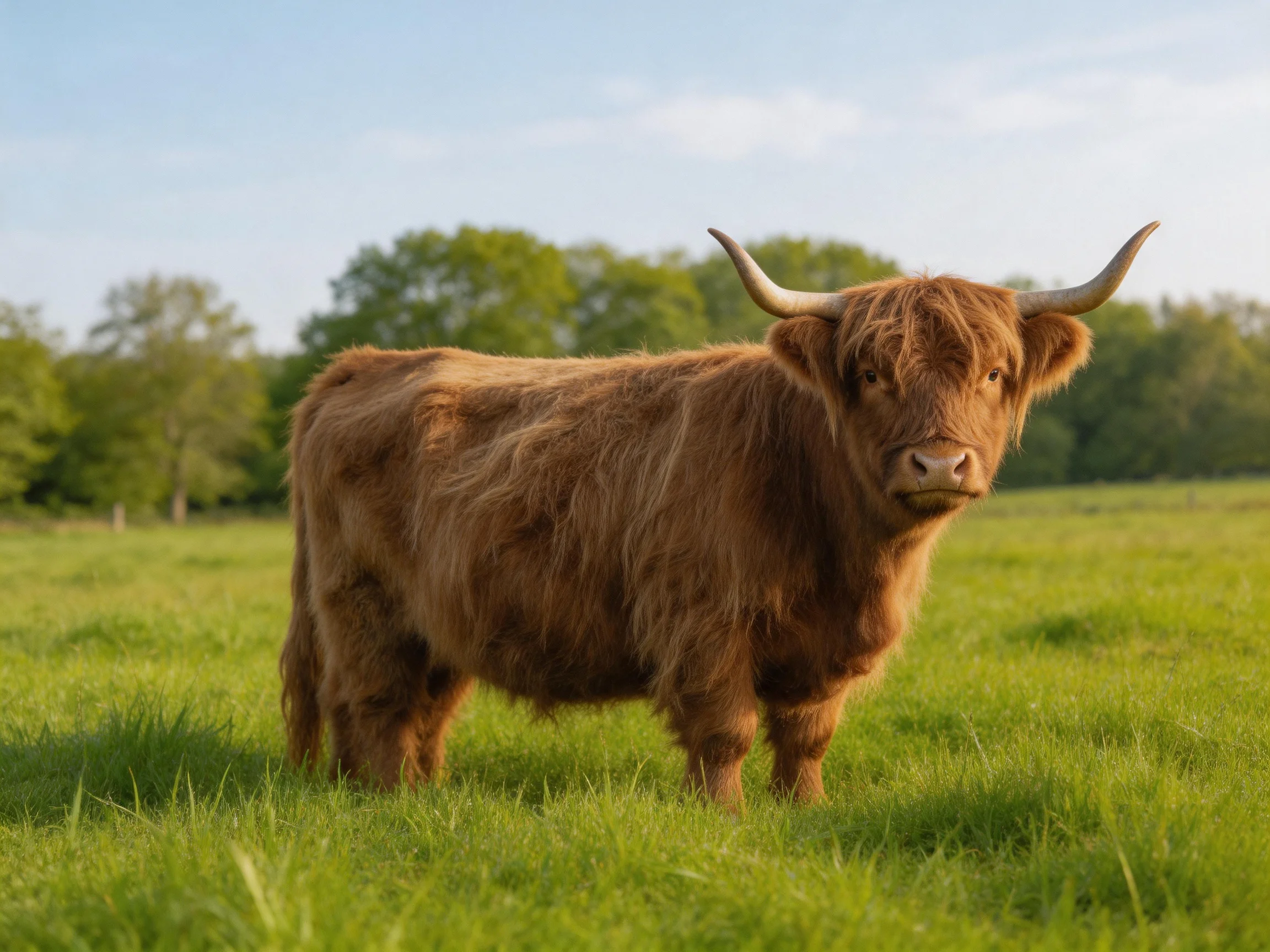 A shaggy brown Highland cow stands in a lush green meadow