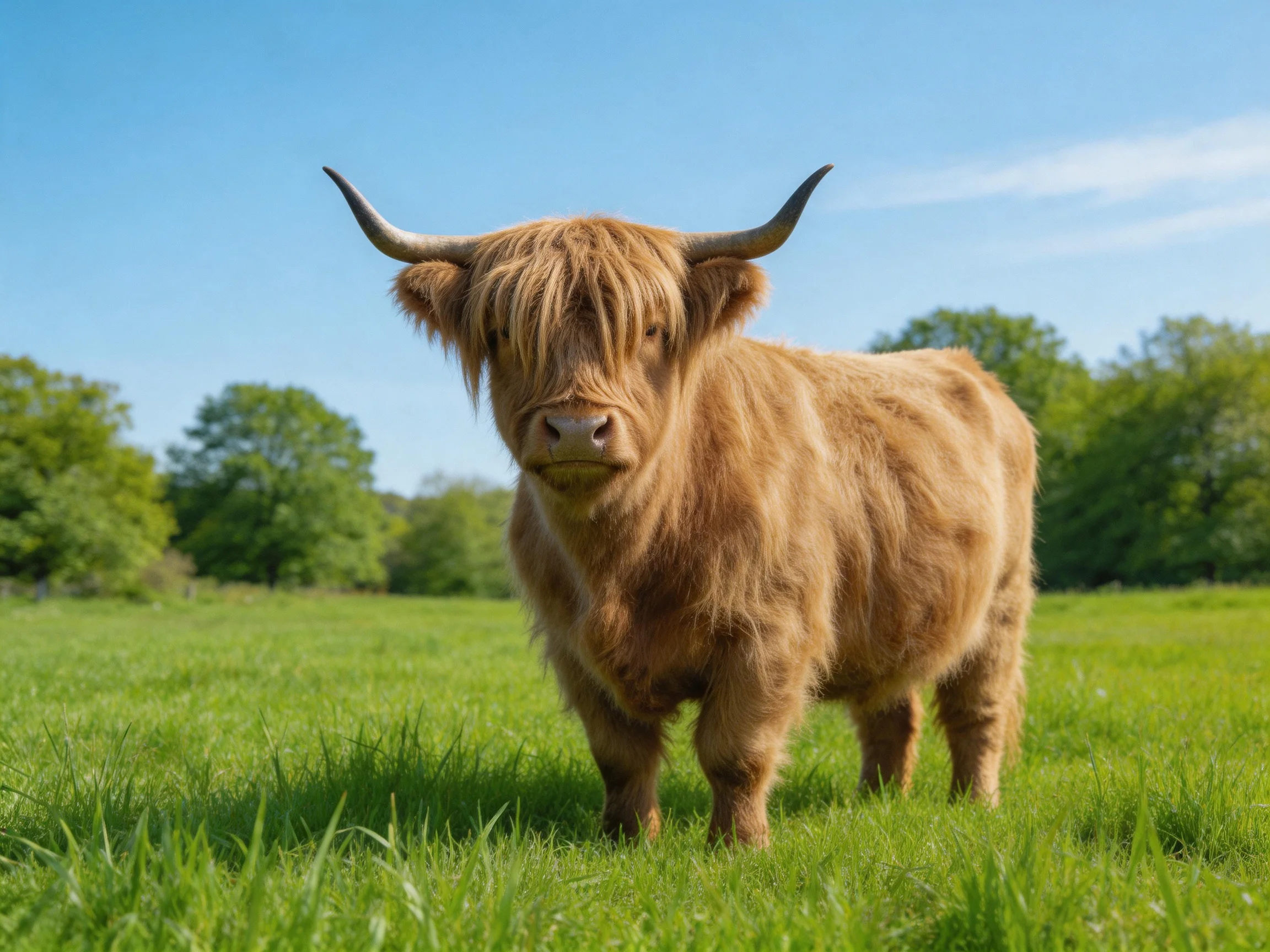 A shaggy brown Highland cow stands in a lush green meadow