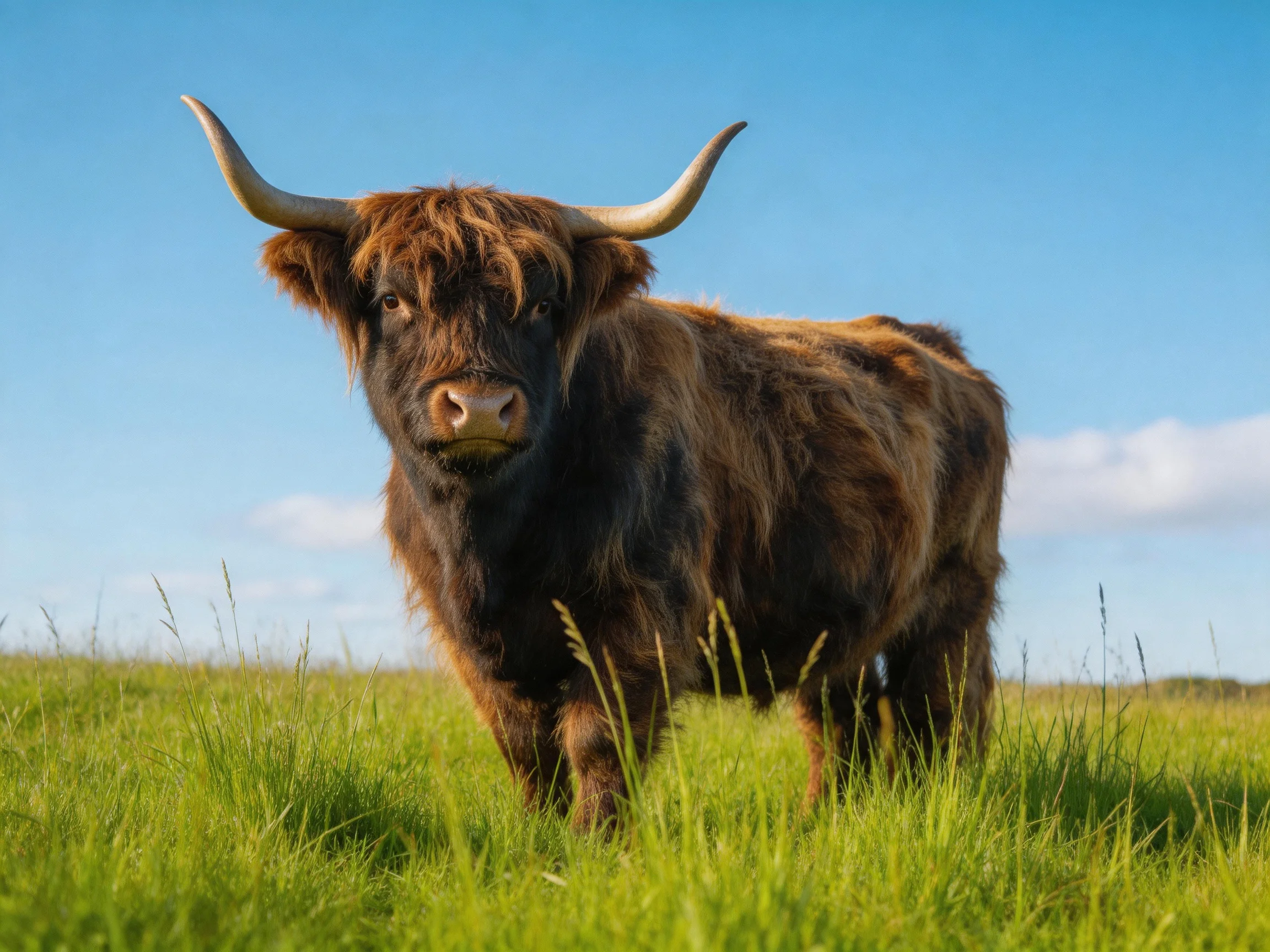 A shaggy brown Highland cow stands in a lush green meadow under bright blue sky
