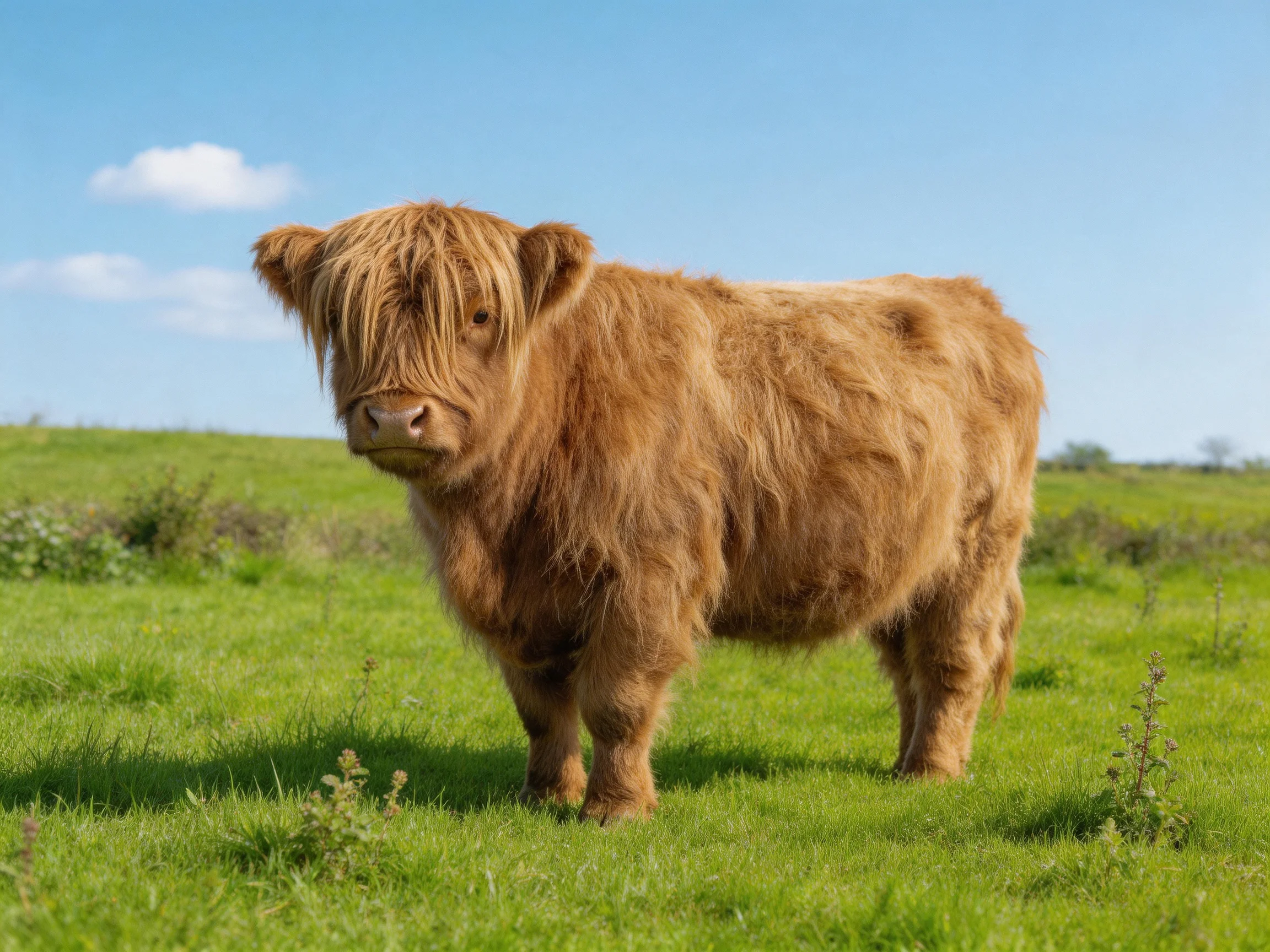 A shaggy brown Highland cow stands in a lush green meadow under clear blue sky