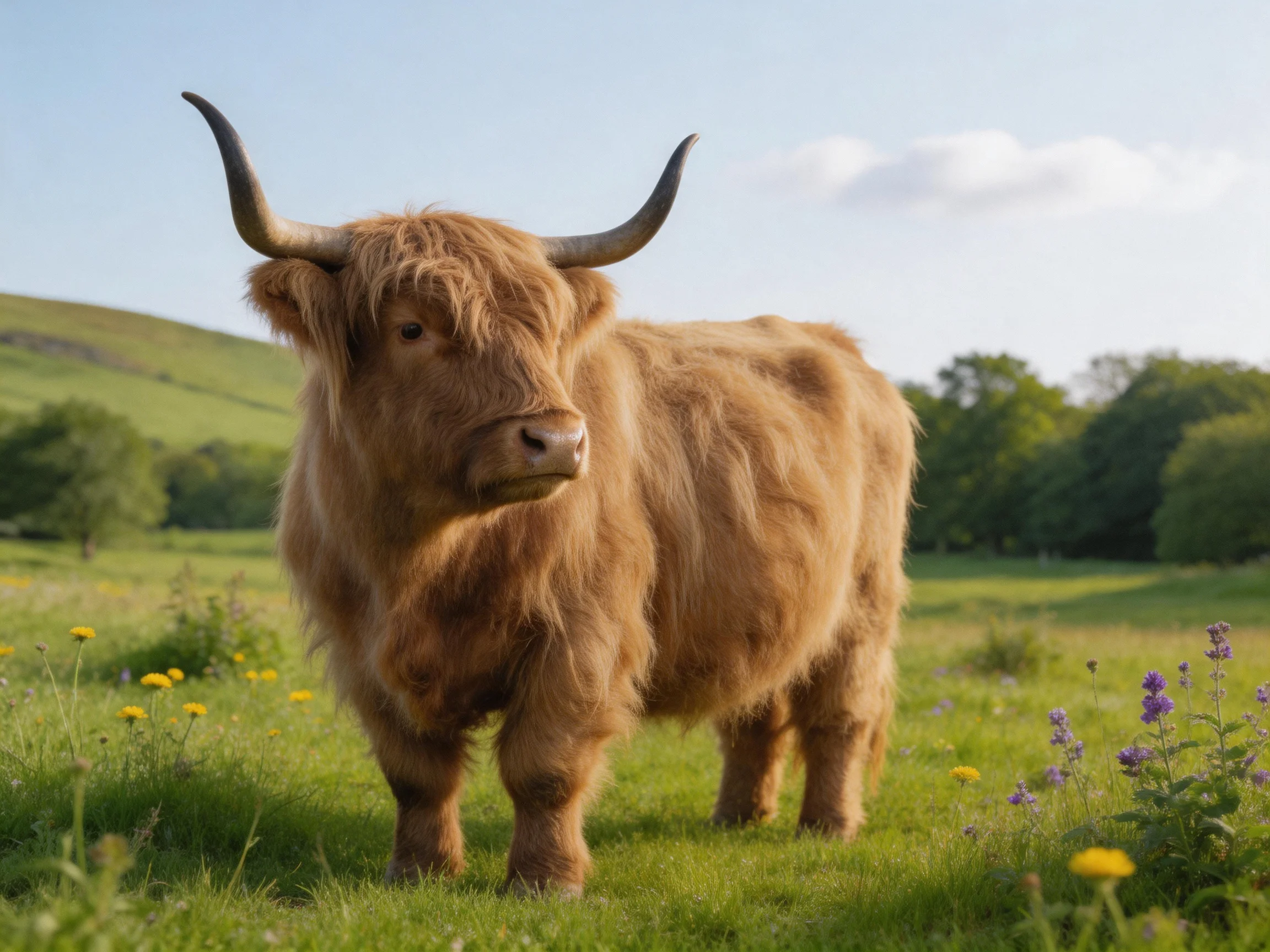A shaggy brown Highland cow stands in a lush green meadow with wildflowers