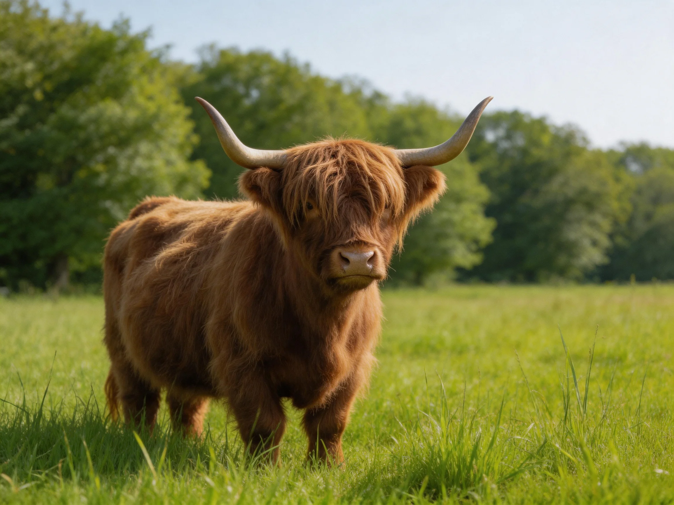 A shaggy brown Highland cow stands in a lush green meadow
