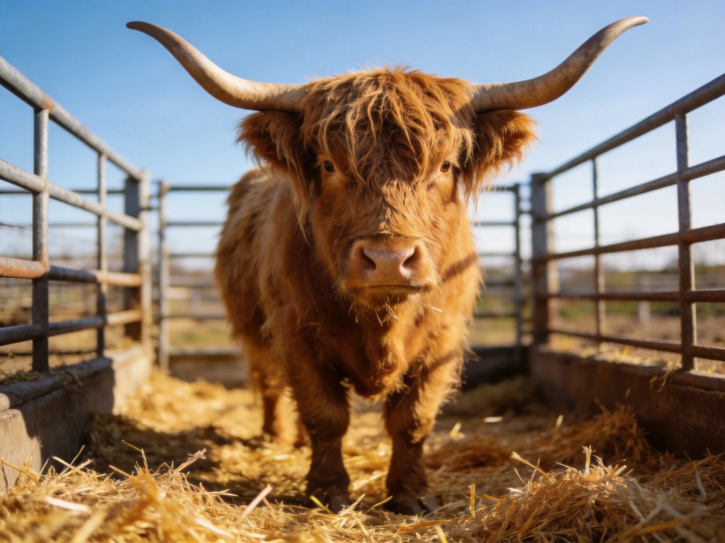 A shaggy brown Highland cow stands in a metal pen with straw