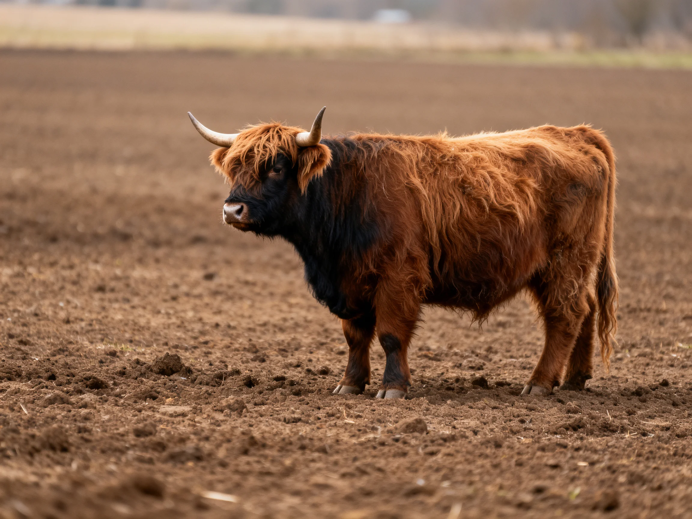 A shaggy brown Highland cow stands in a recently plowed field