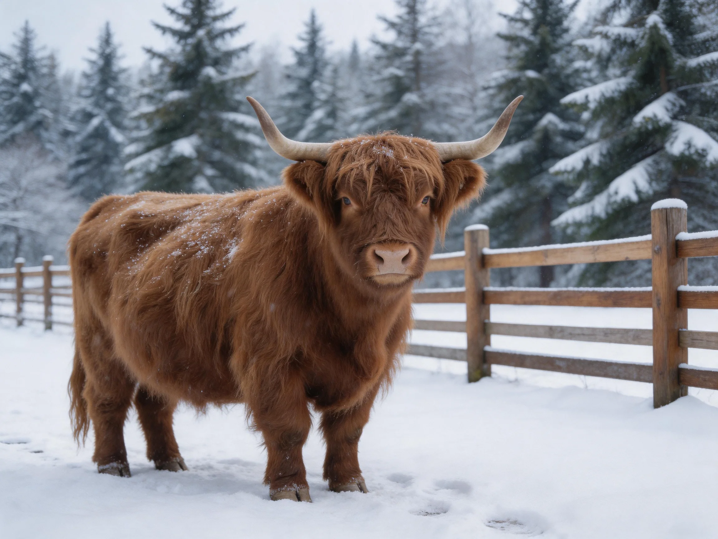 A shaggy brown Highland cow stands in a snowy field near wooden fencing