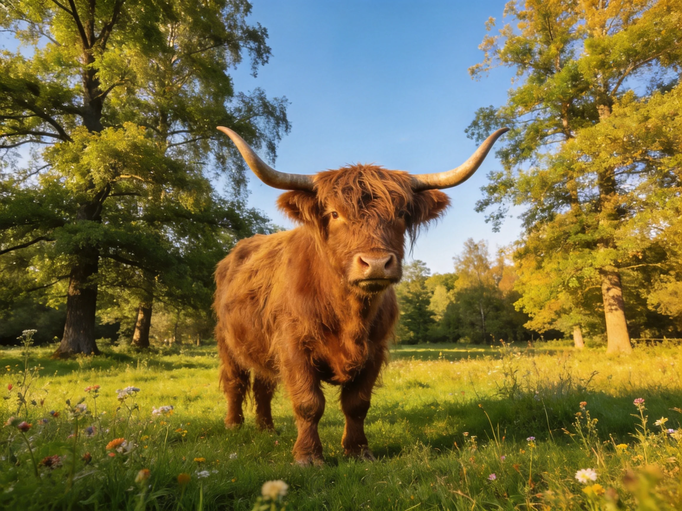 A shaggy brown Highland cow stands in a sunlit forest clearing