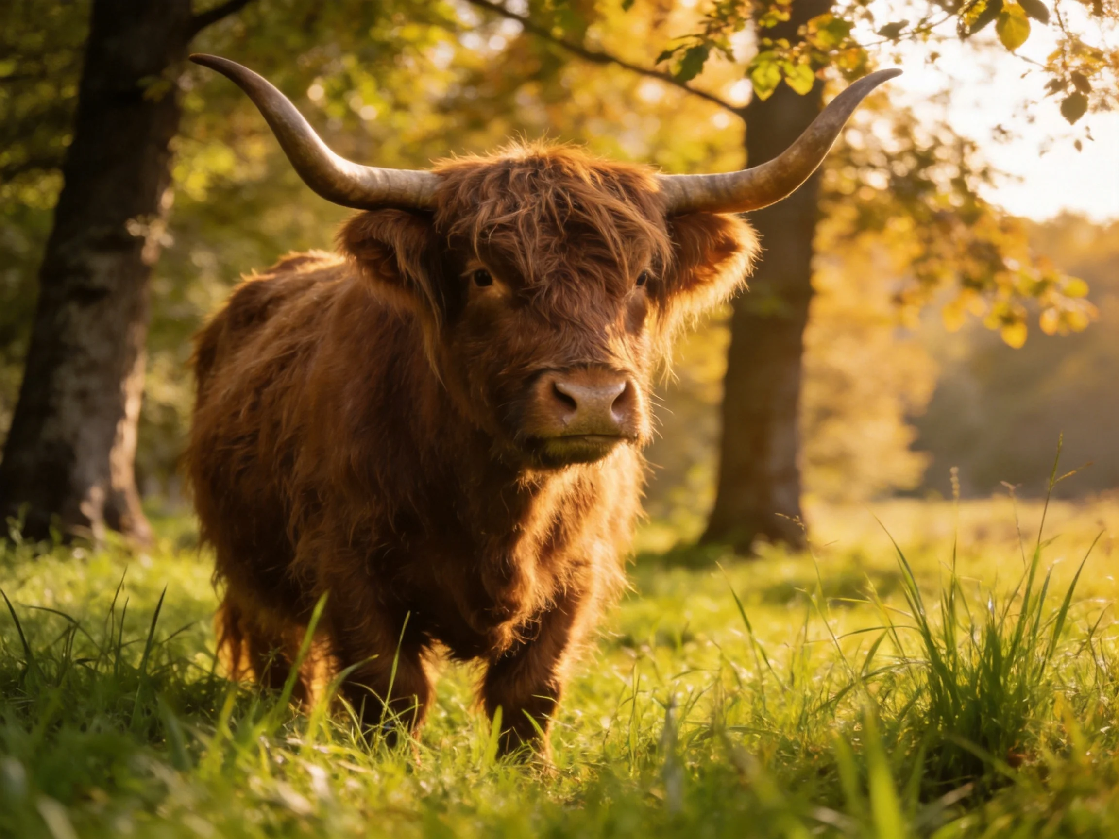 A shaggy brown Highland cow stands in a sunlit forest clearing