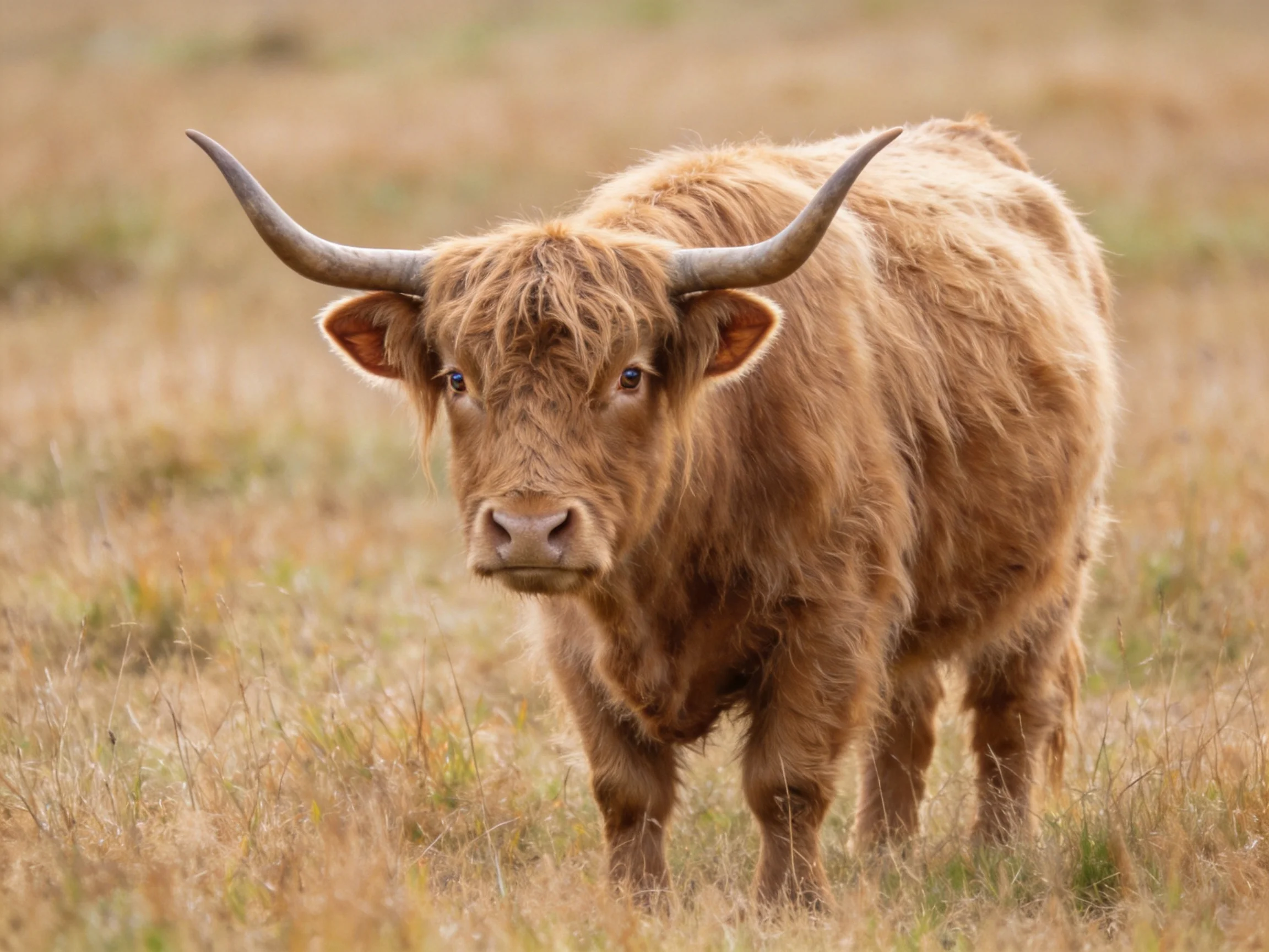A shaggy brown Highland cow stands in a sunlit grassy field