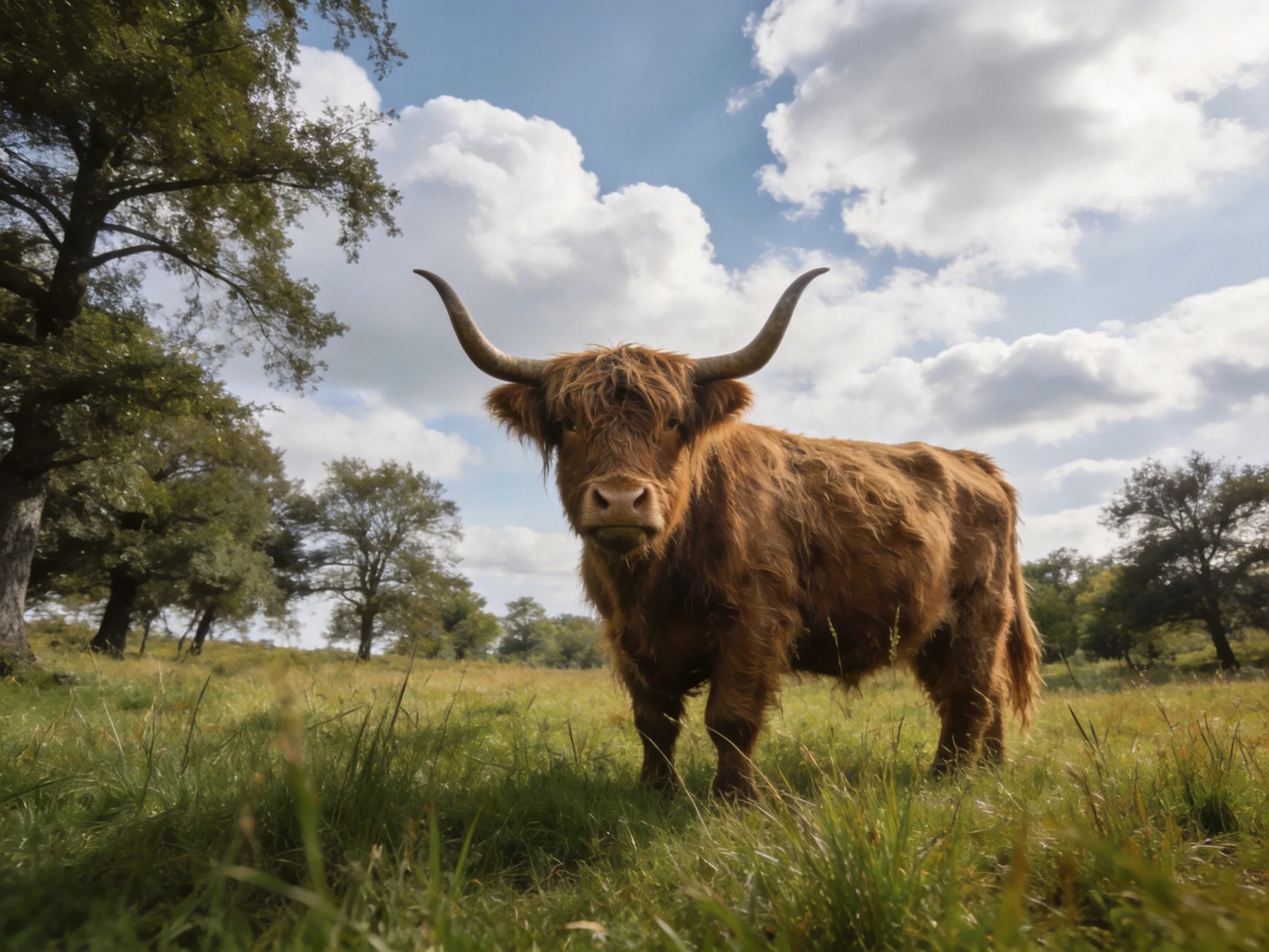 A shaggy brown Highland cow stands in a sunlit grassy meadow