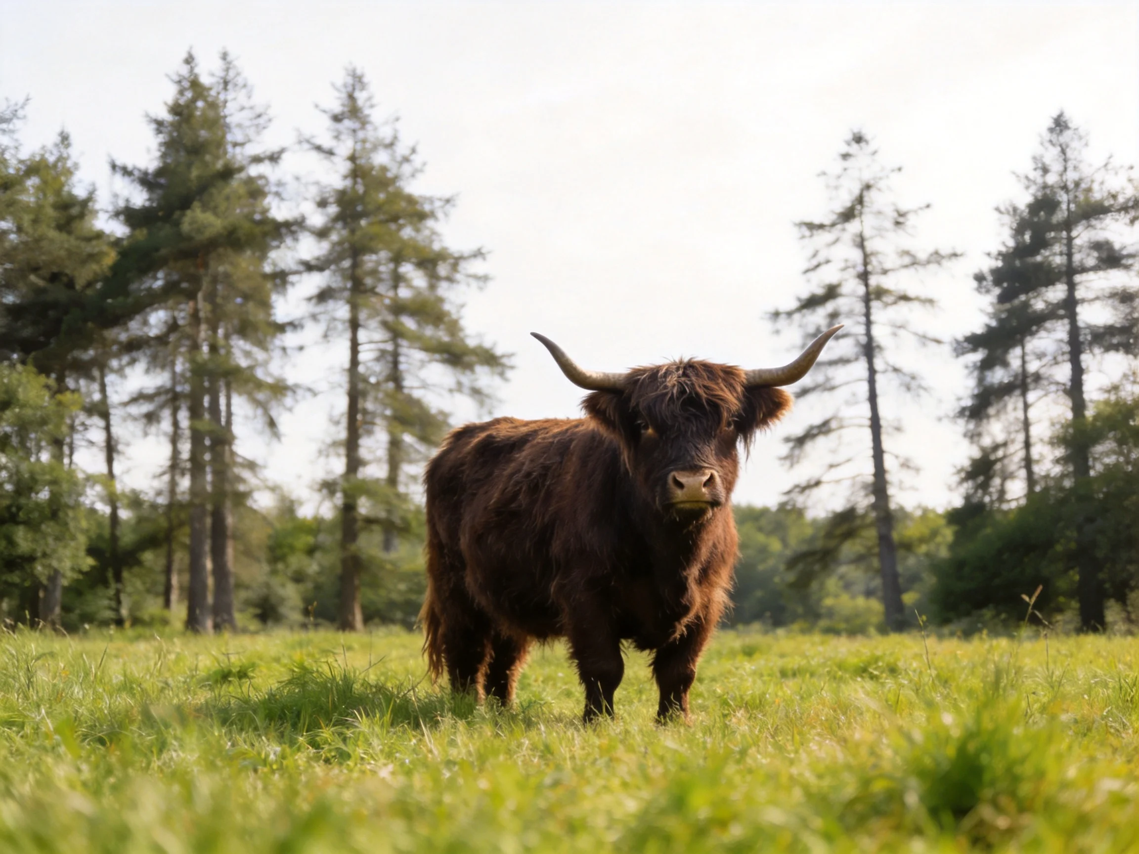 A shaggy brown Highland cow stands in a sunlit green meadow