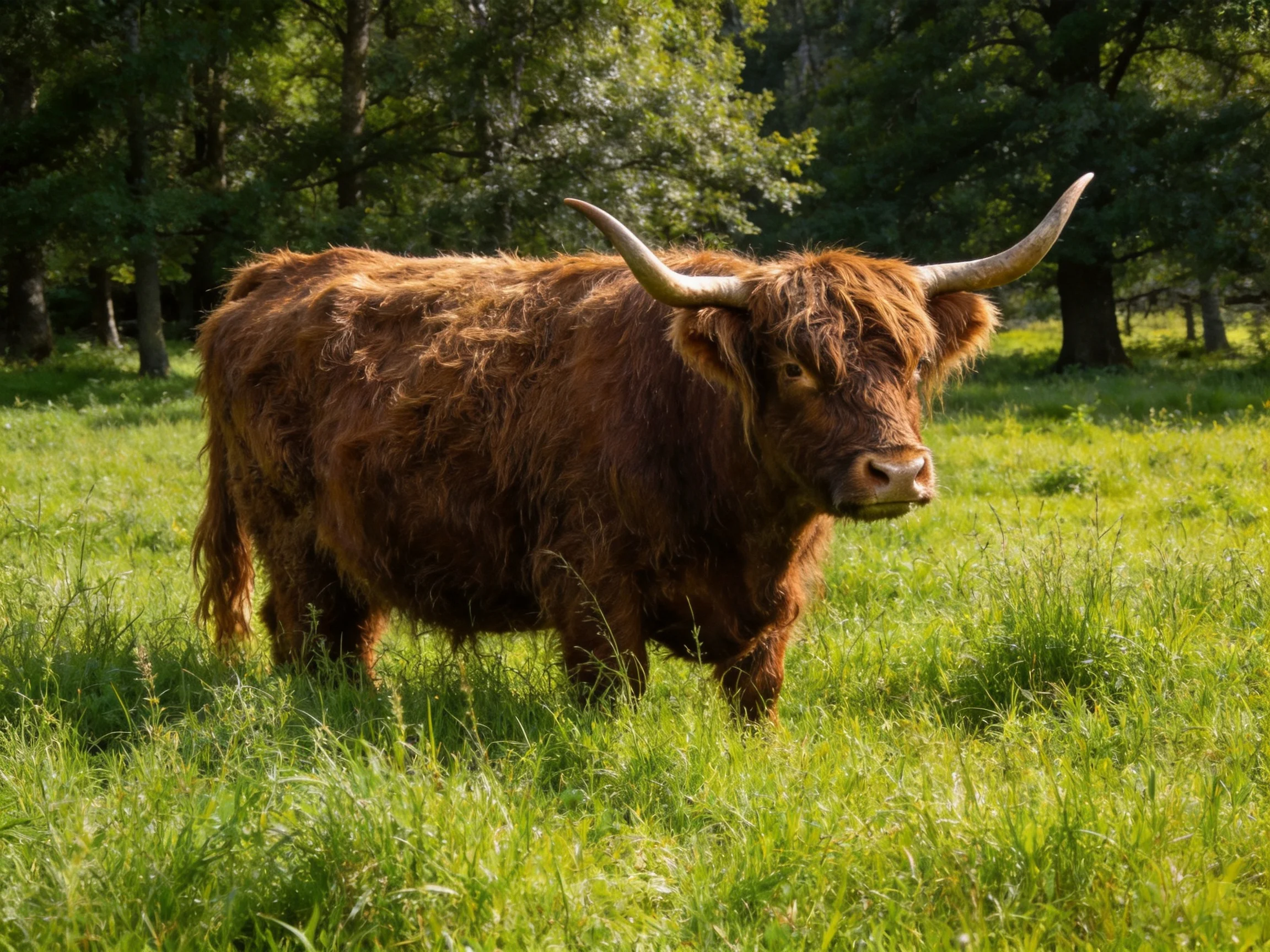 A shaggy brown Highland cow stands in a sunlit green meadow