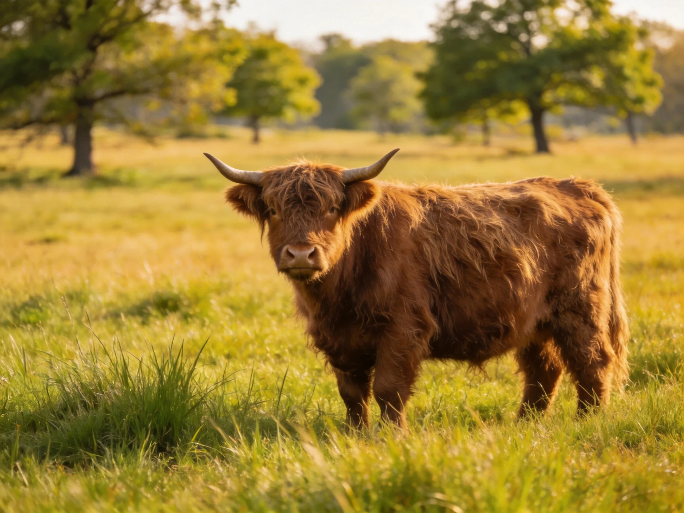 A shaggy brown Highland cow stands in a sunlit green meadow