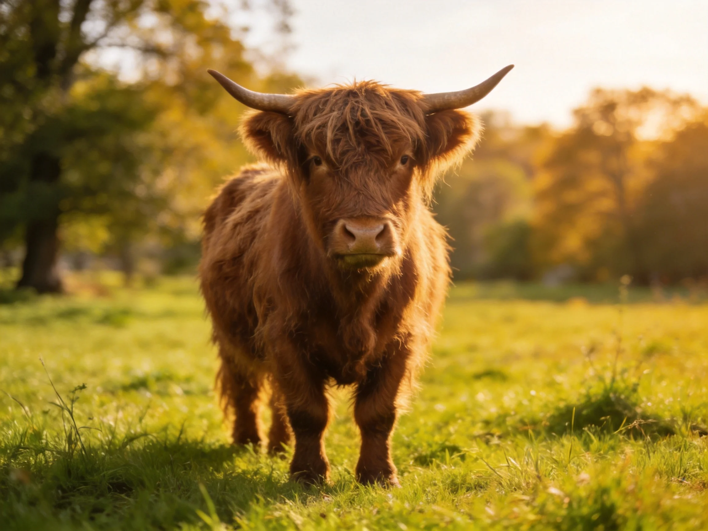 A shaggy brown Highland cow stands in a sunlit green meadow