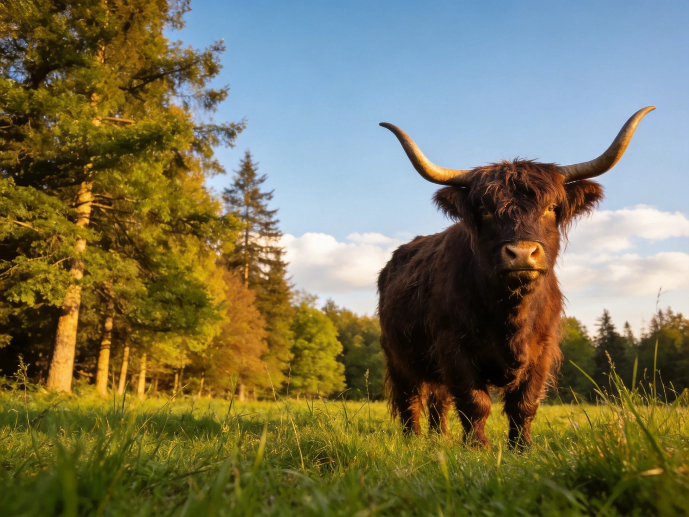 A shaggy brown Highland cow stands in a sunlit green meadow near tall trees