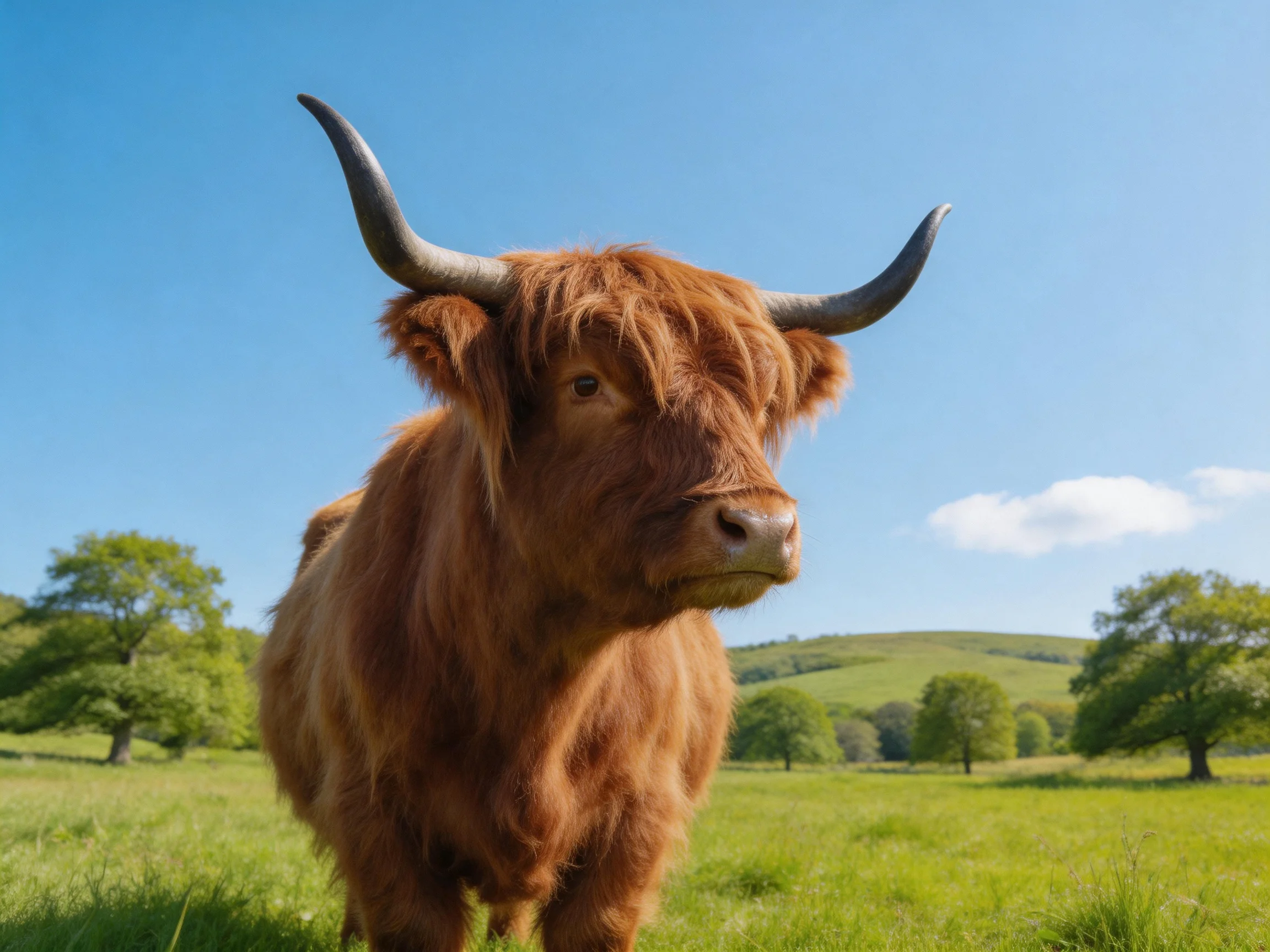 A shaggy brown Highland cow stands in a sunlit green meadow