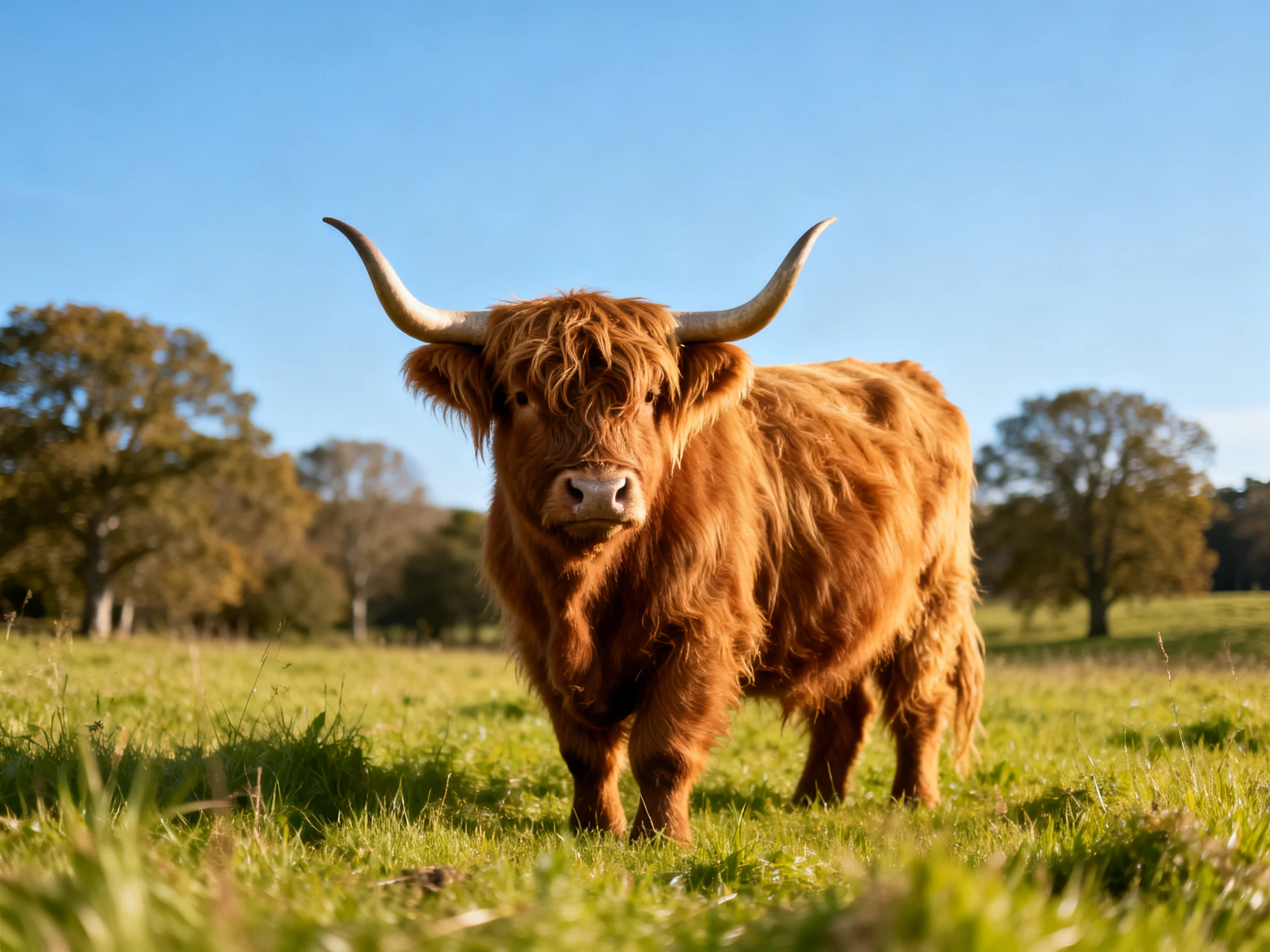 A shaggy brown Highland cow stands in a sunlit green meadow