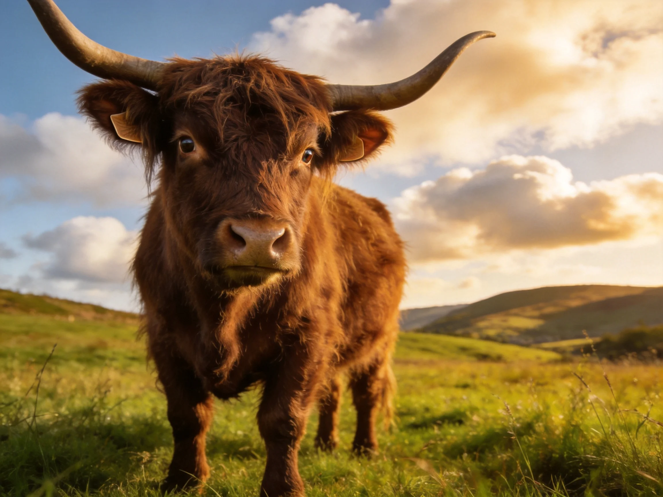A shaggy brown Highland cow stands in a sunlit green meadow