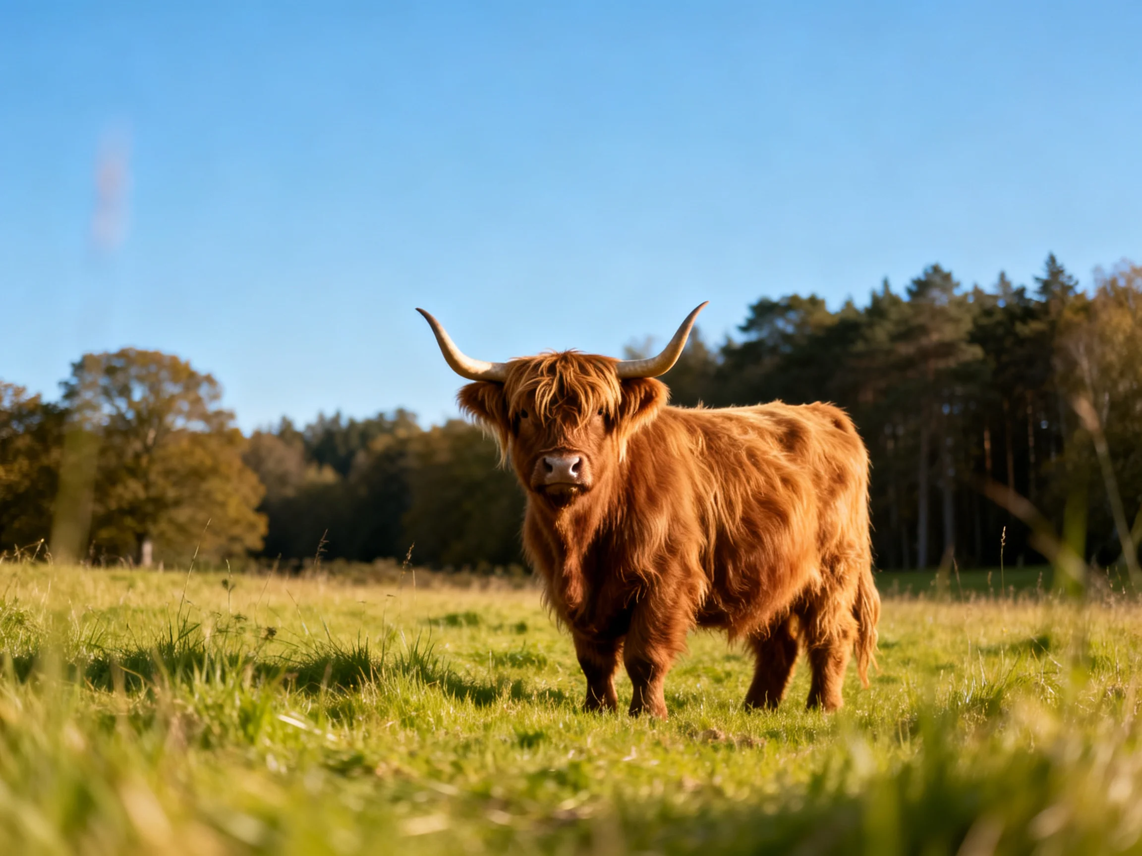 A shaggy brown Highland cow stands in a sunlit green meadow