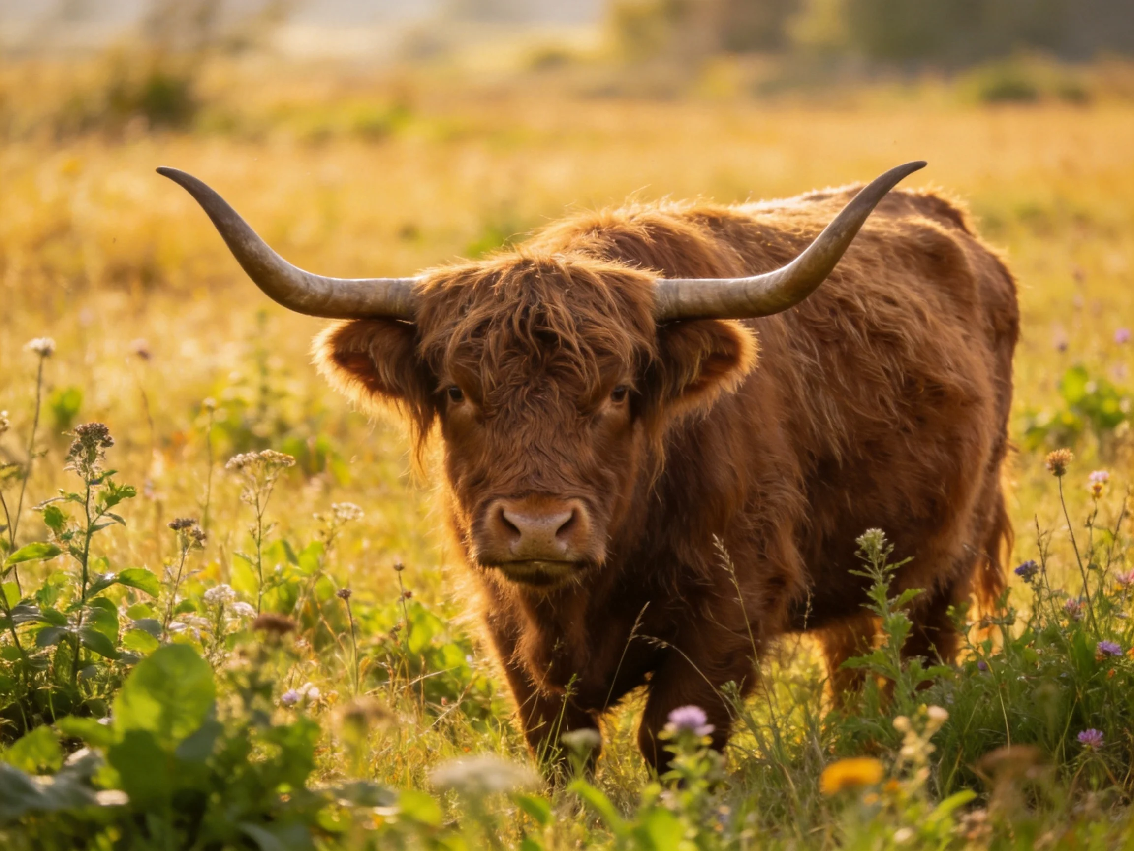 A shaggy brown Highland cow stands in a sunlit meadow