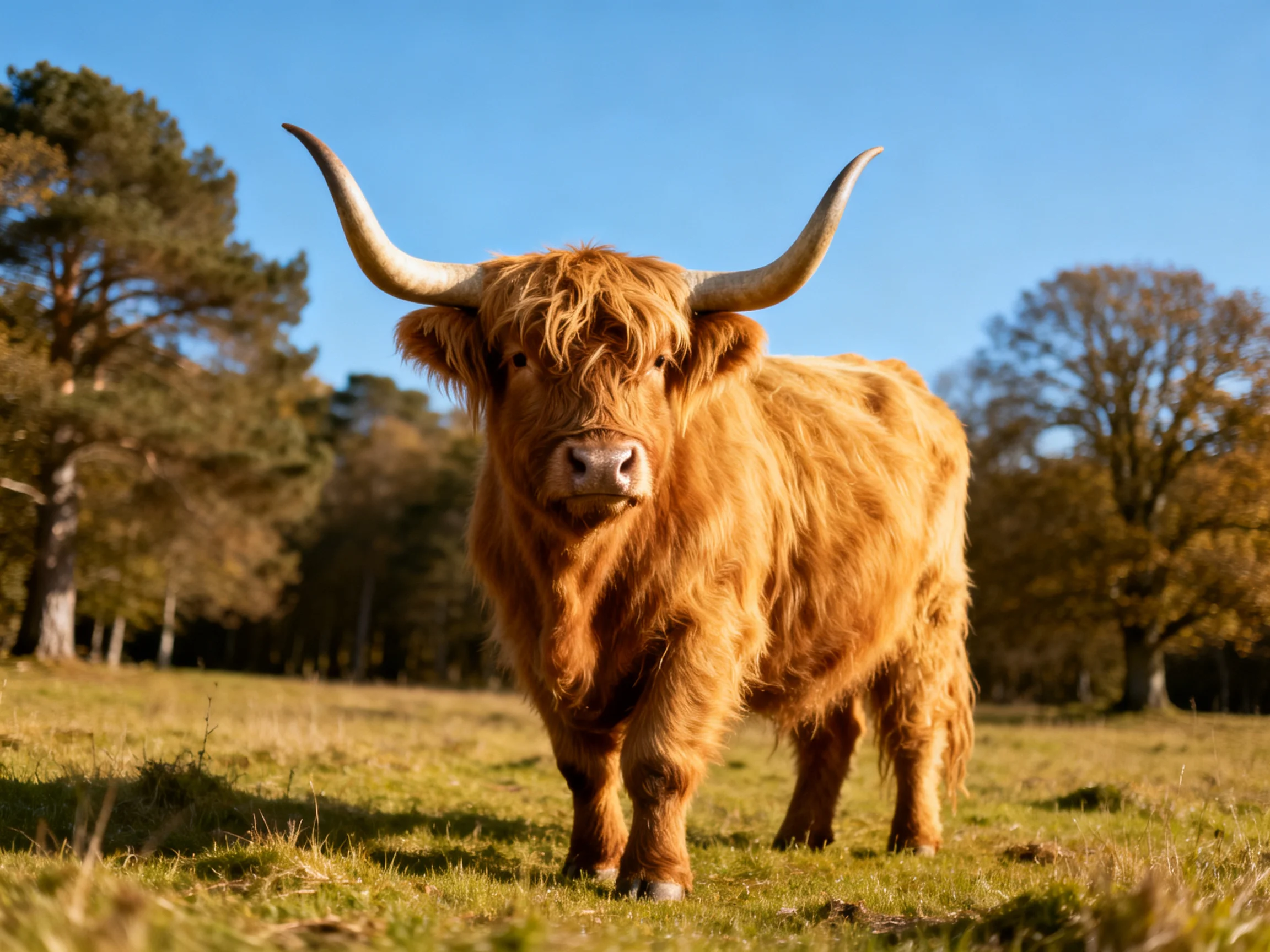 A shaggy brown Highland cow stands in a sunlit meadow near trees