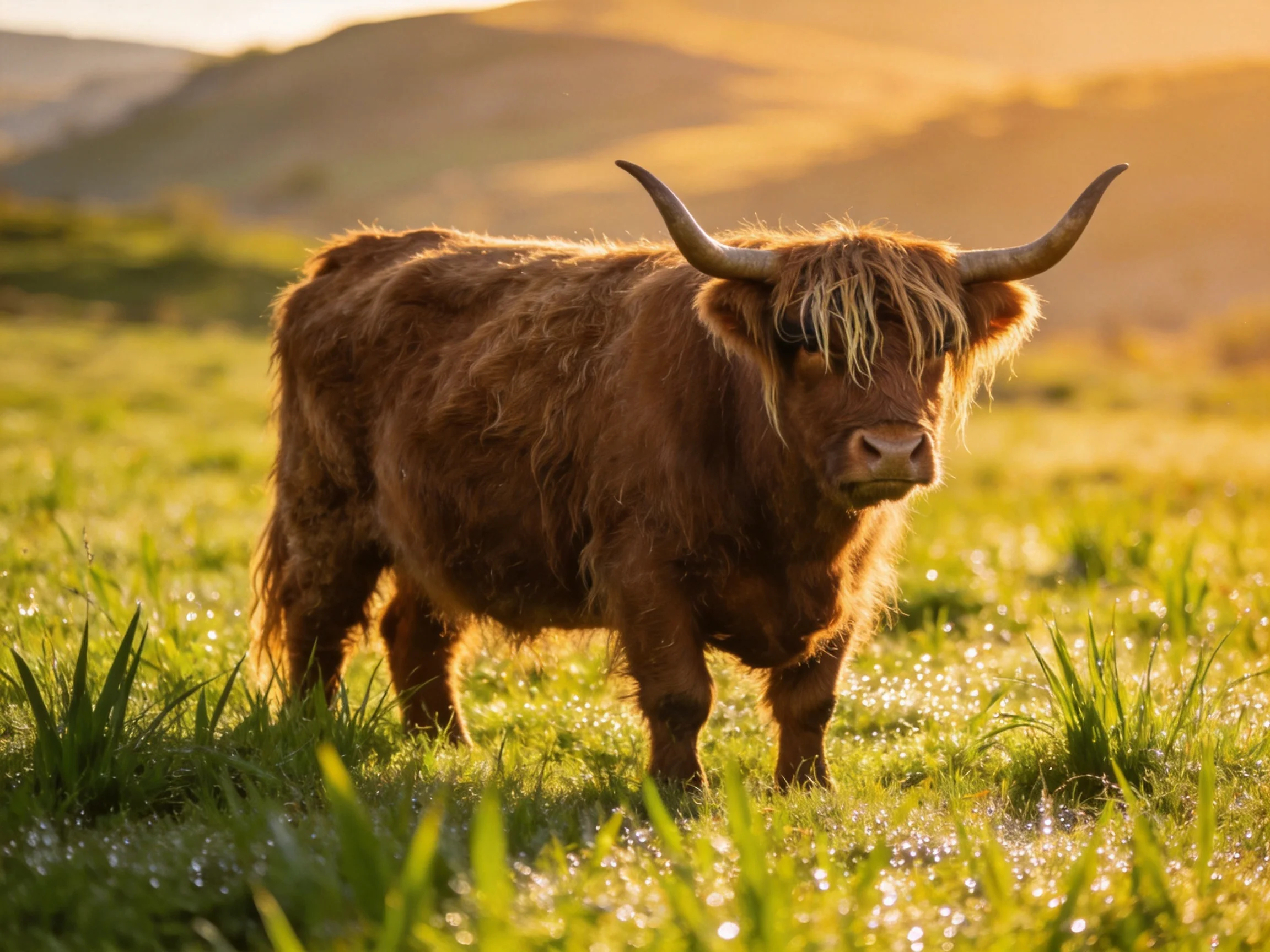 A shaggy brown Highland cow stands in a sunlit meadow