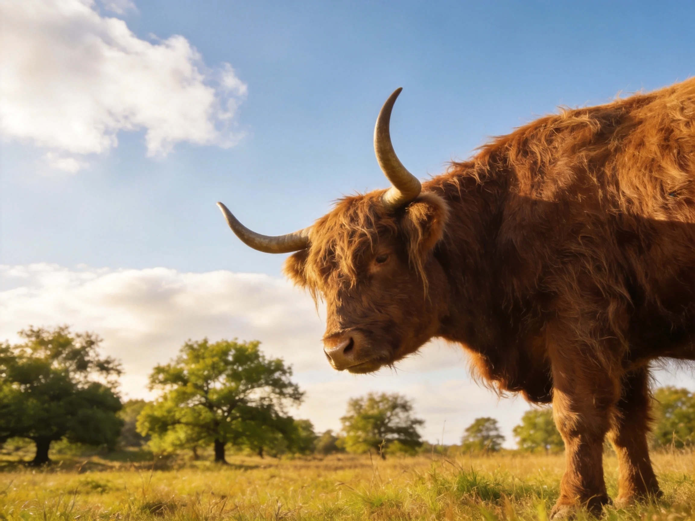 A shaggy brown Highland cow stands in a sunlit meadow with scattered trees