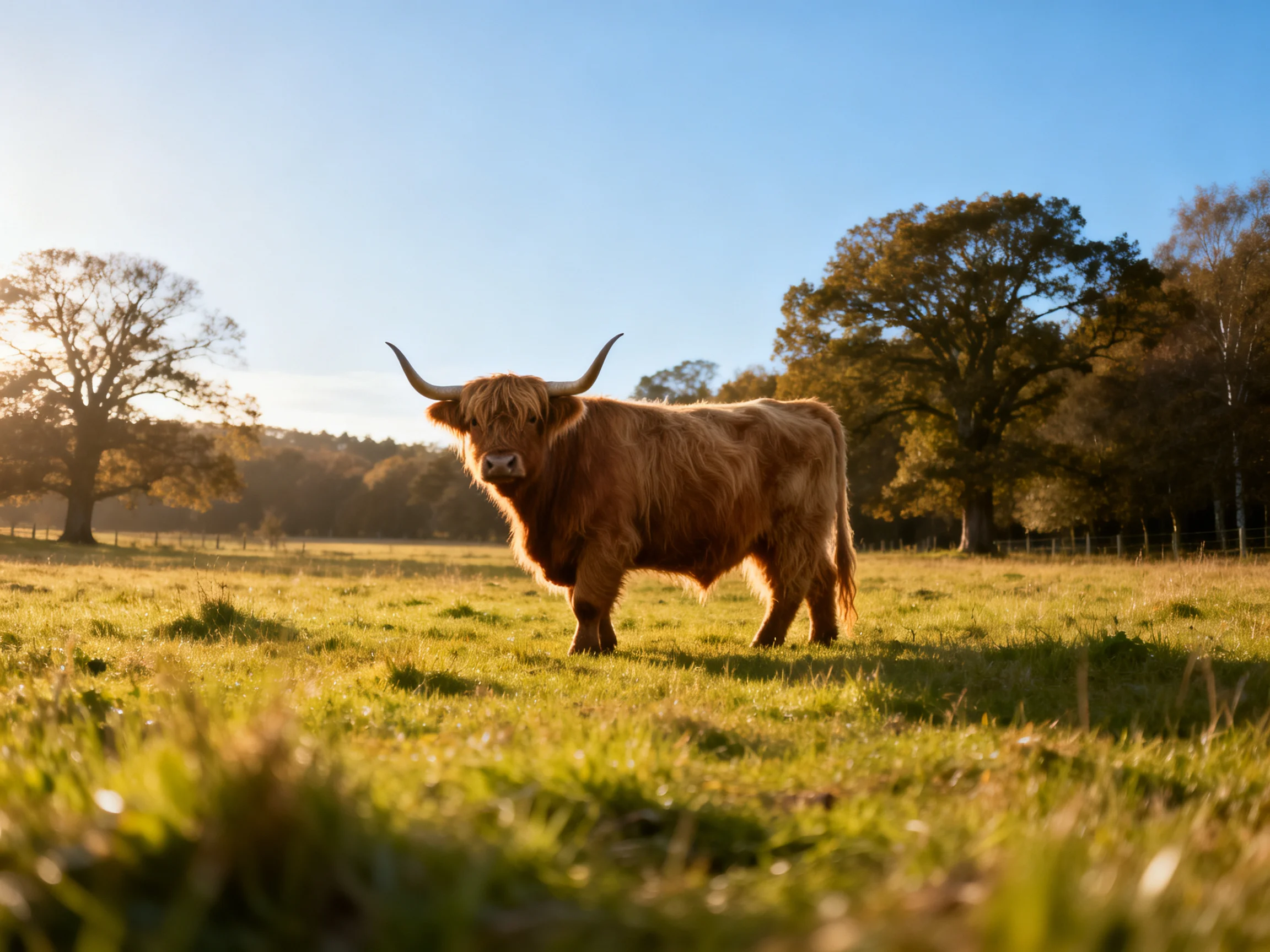 A shaggy brown Highland cow stands in a sunlit meadow with tall trees