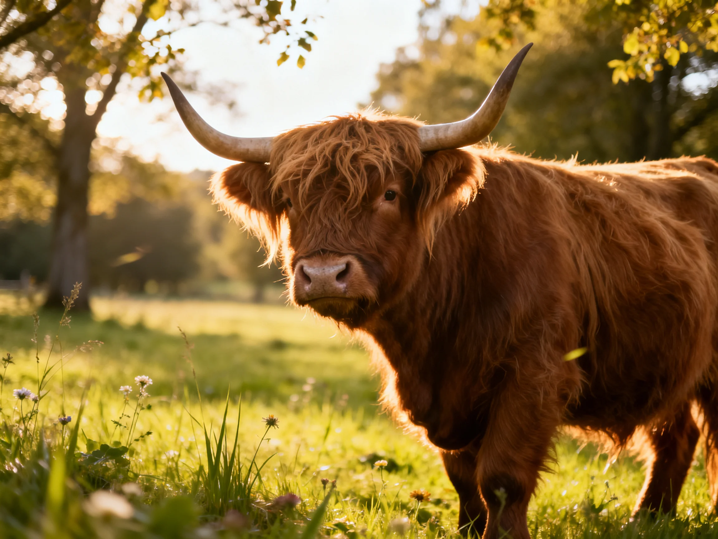 A shaggy brown Highland cow stands in a sunlit meadow with trees
