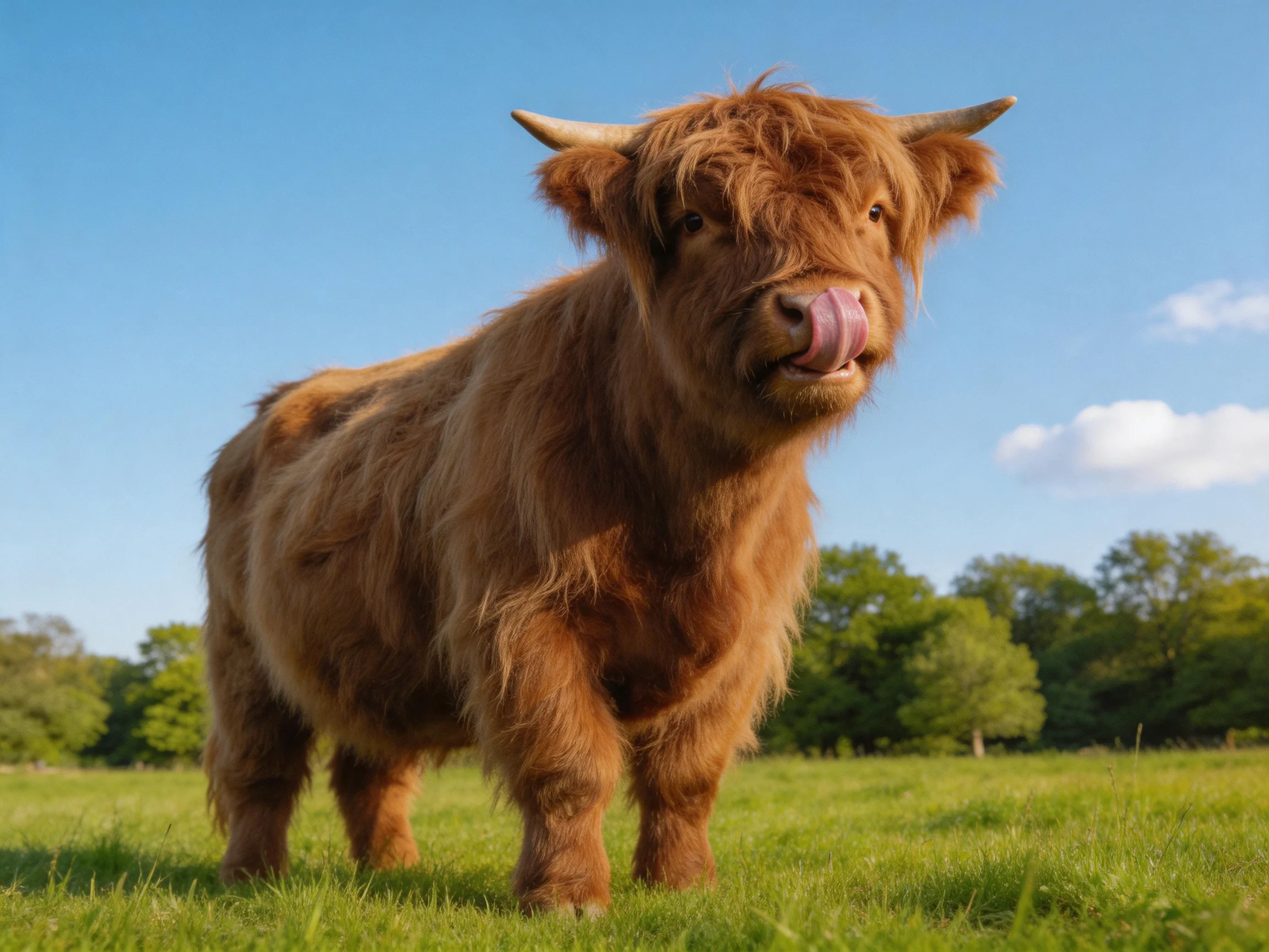 A shaggy brown Highland cow stands in a sunny green meadow