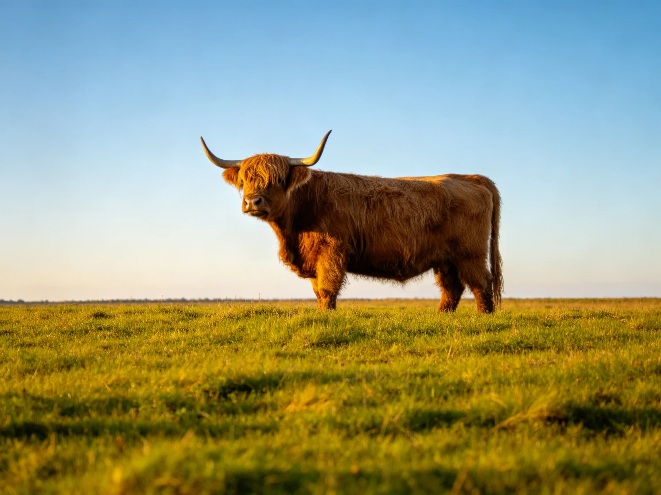 A shaggy brown Highland cow stands in a vast green pasture