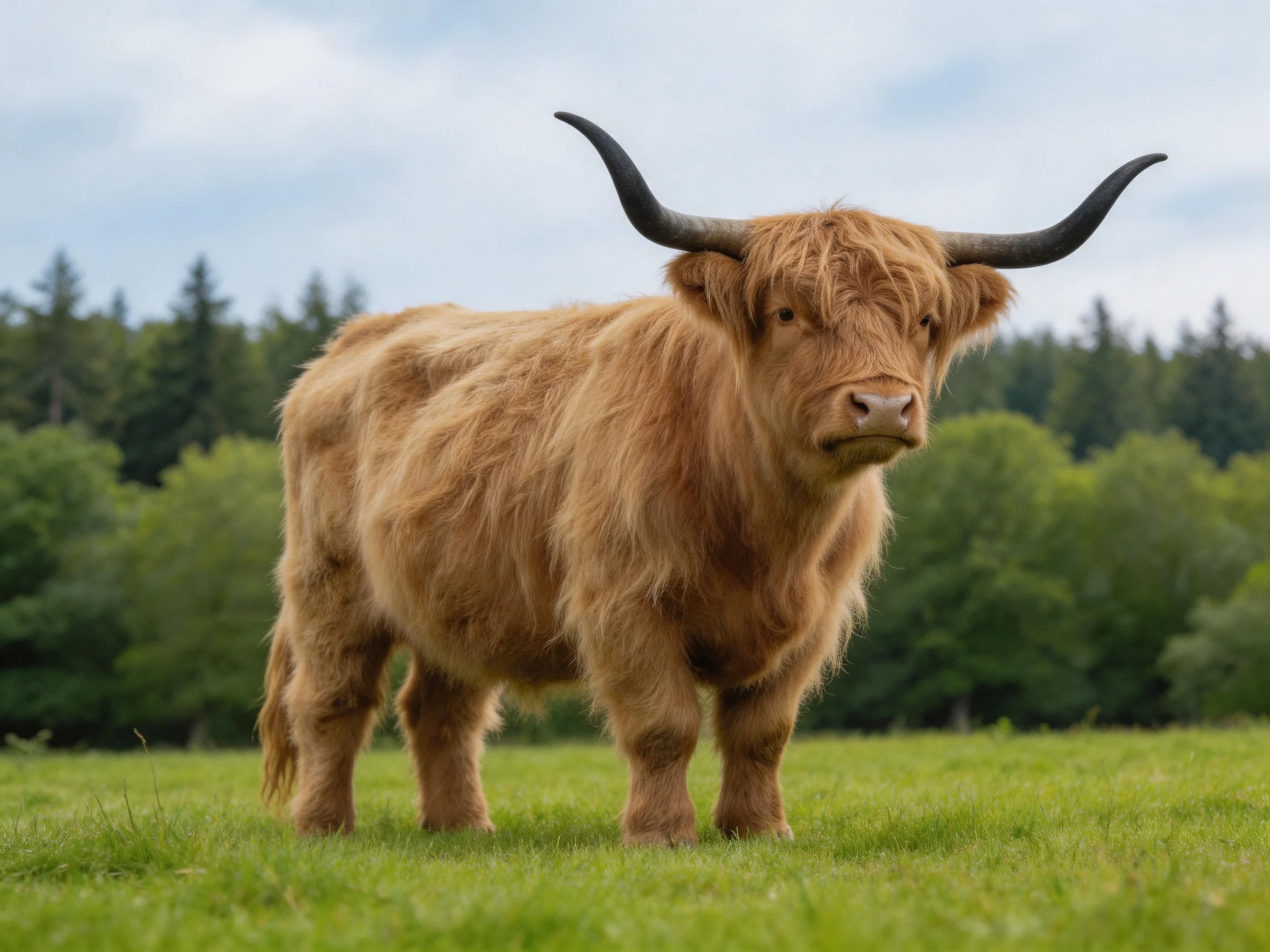 A shaggy brown Highland cow stands in a verdant meadow with trees